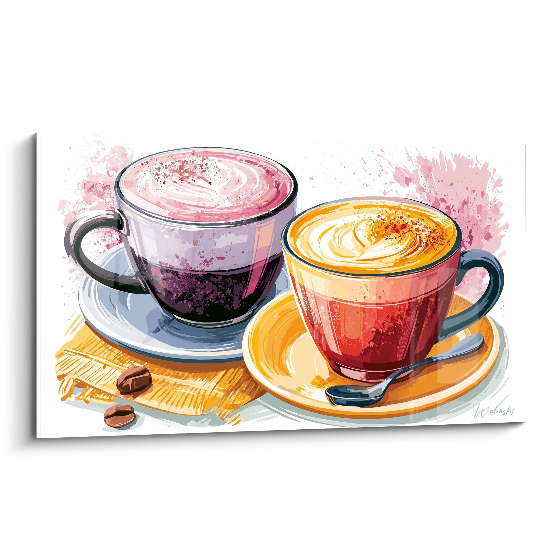 Tableau café aux tasses violette et rouge illustrées avec mousse crémeuse et grains marron