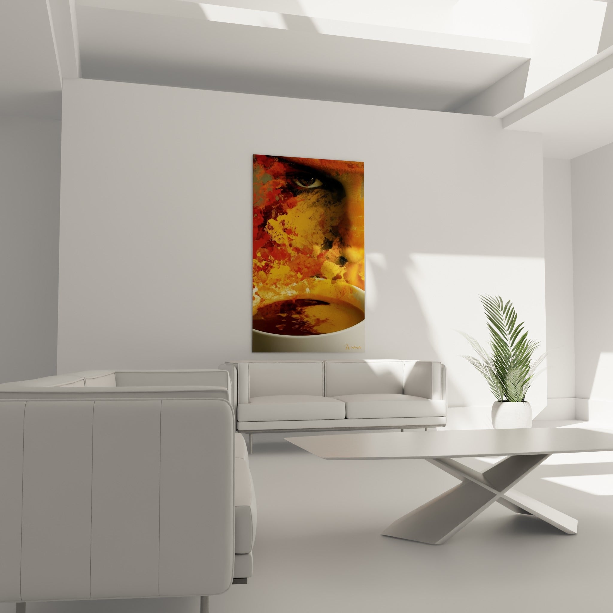Vapeur ocre et visage esquissé en rouge sombre et terracotta, au-dessus d'un canapé dans un salon lumineux