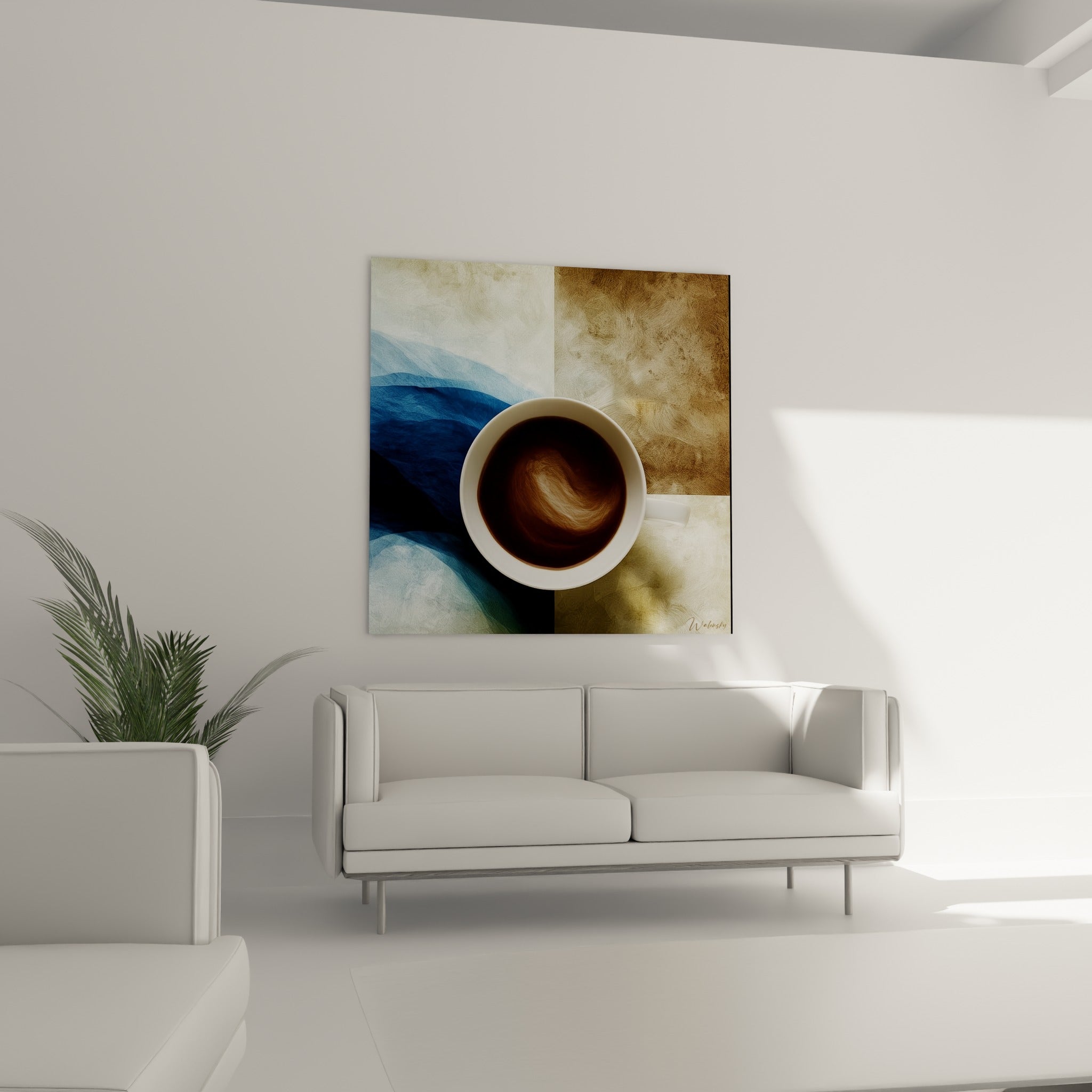 Fonds bleu marine et terracotta autour d'une tasse de café, œuvre au-dessus d'un canapé dans un salon lumineux