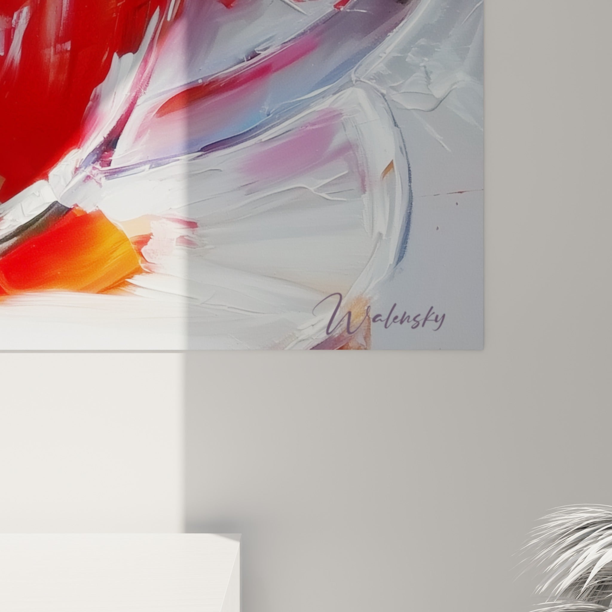 Empâtements épais de peinture blanche et rouge visibles de près, coulures et grain texturé sur la toile