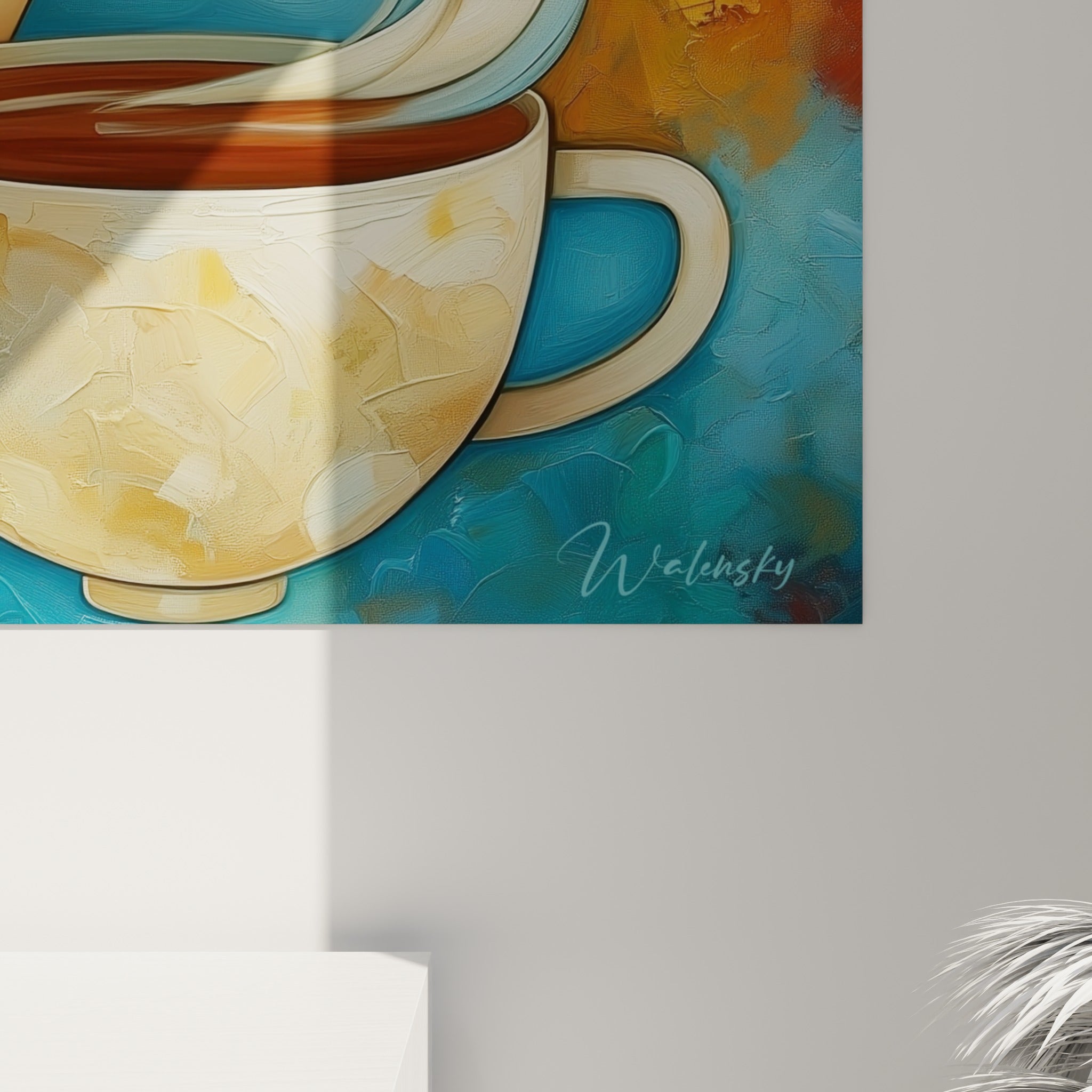 Détail des empâtements ocre et bleu marine sur la tasse fumante et le chapeau peint