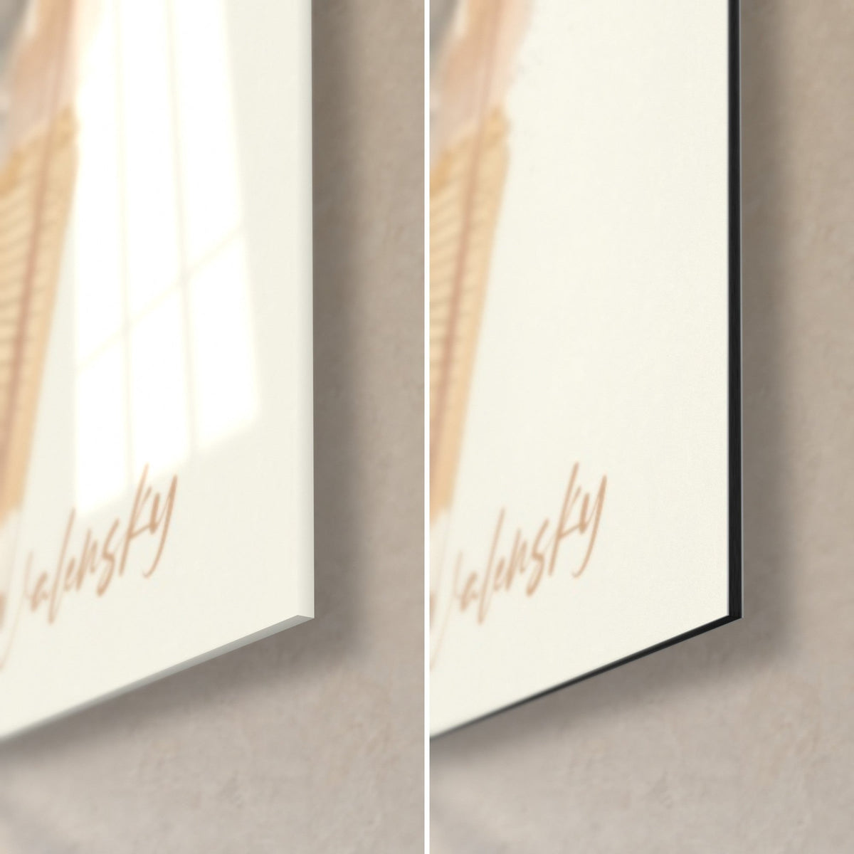 Quadro di una donna in ritratto grigio e beige, angolo in basso a destra: vetro acrilico lucido a sinistra, alluminio Dibond nero opaco a destra, bordo di 3 mm