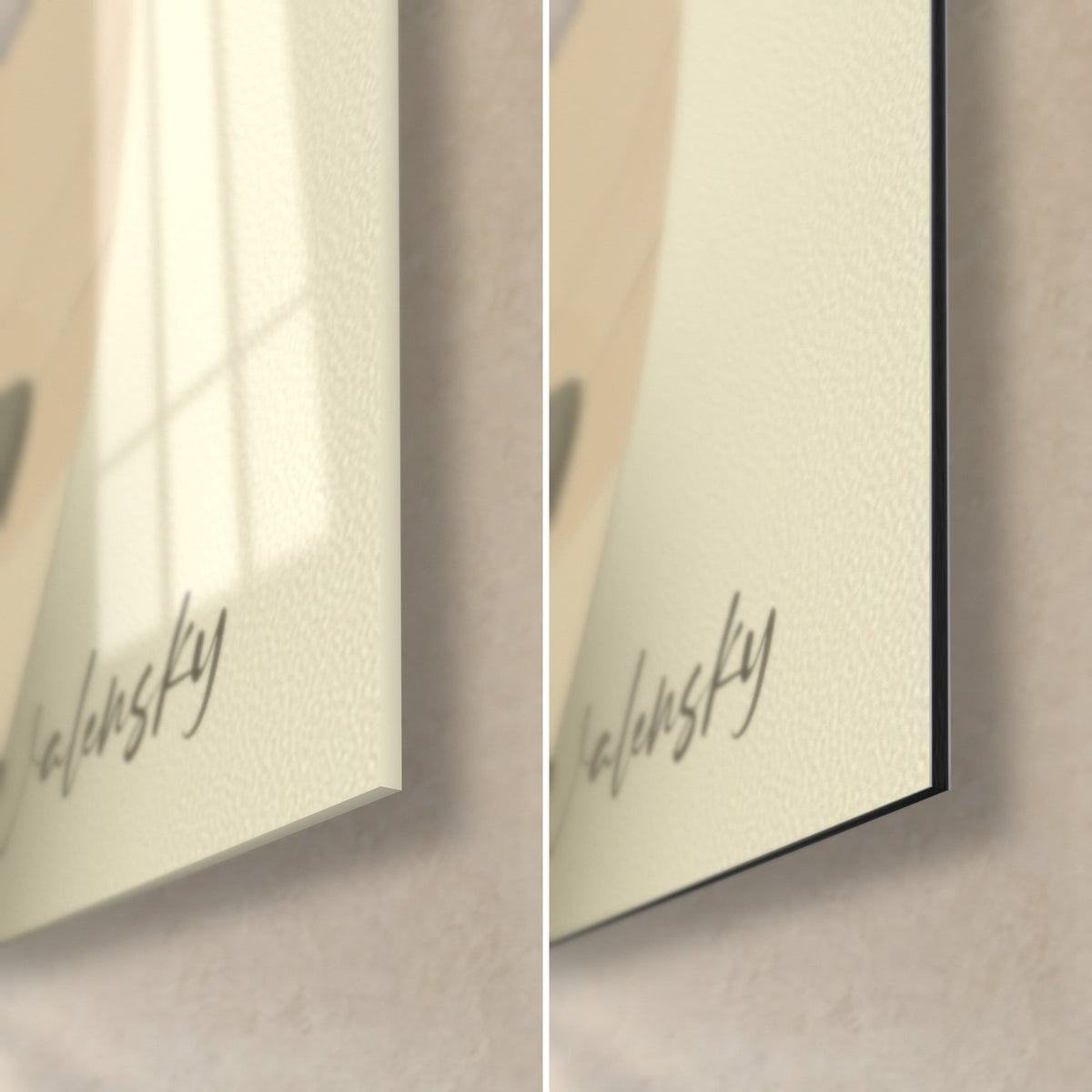 Quadro di tazza con cuore cremoso in terracotta, angolo in basso a destra in vetro lucido e alluminio Dibond opaco, bordo nero di 3 mm