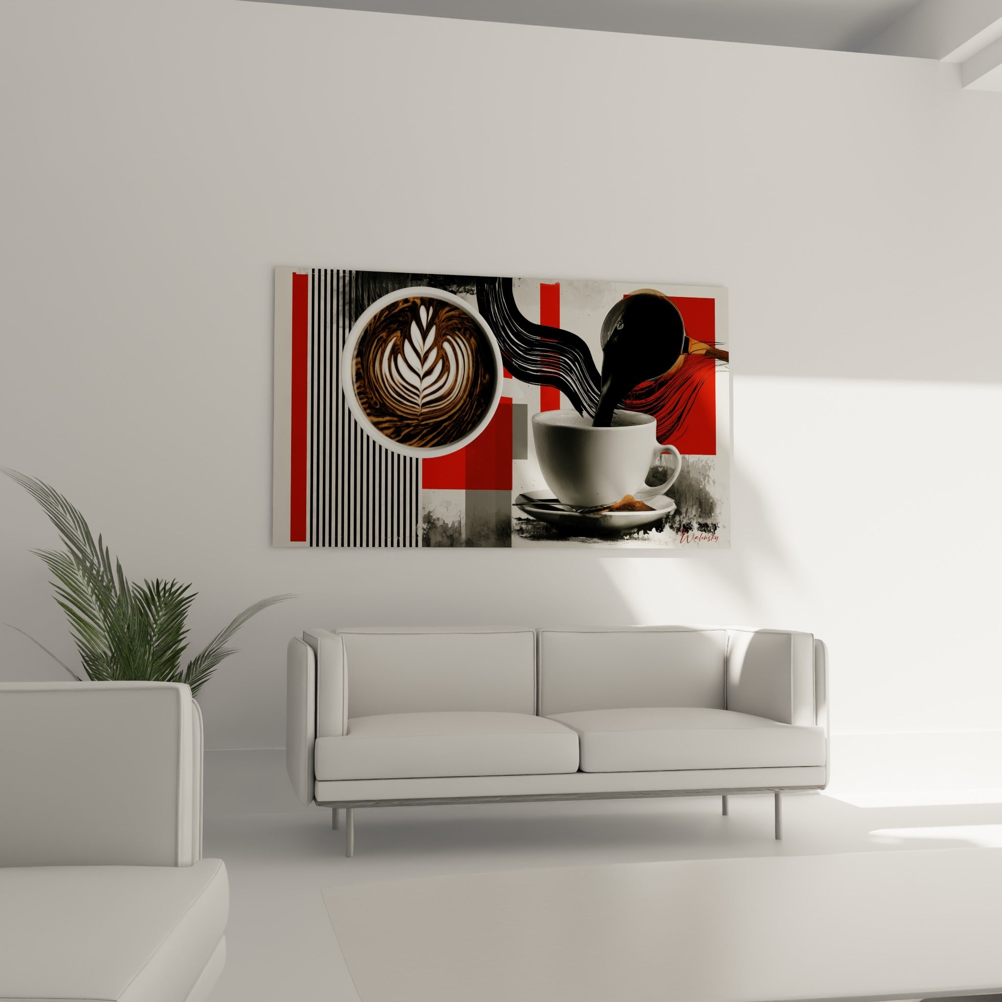 Théière noire versant sur tasse blanche au-dessus d'un canapé dans un salon lumineux rouge et anthracite