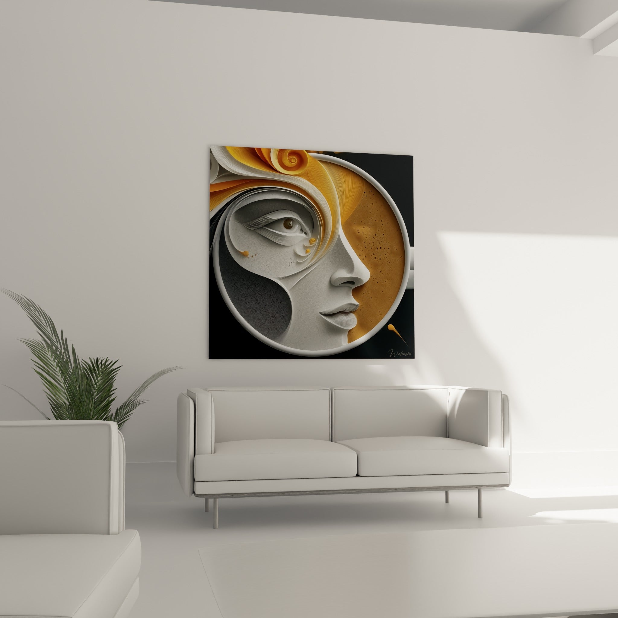 Chevelure tourbillonnante orangée entourant un visage anthracite, au-dessus d'un canapé dans un salon lumineux