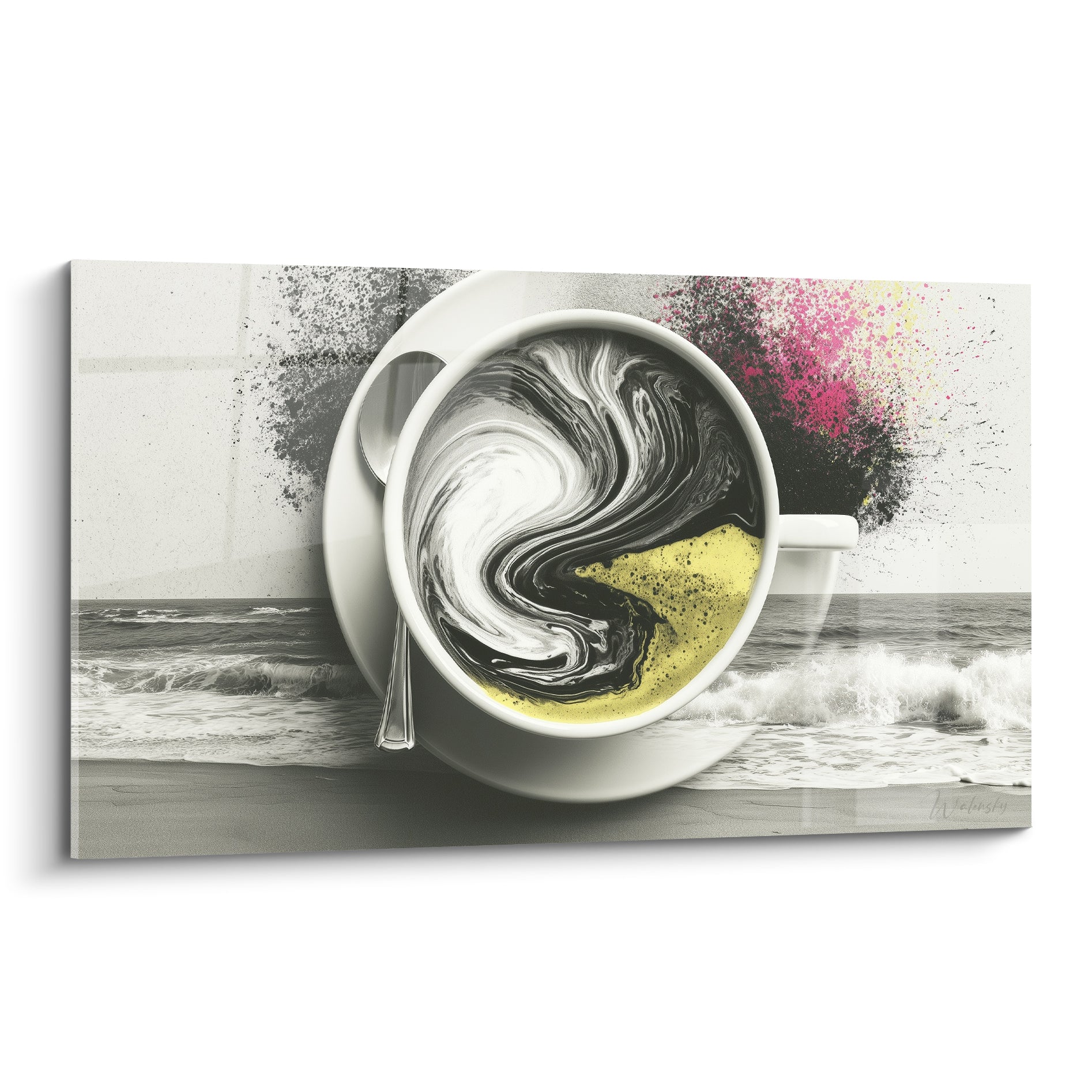 Tasse de café blanche au tourbillon noir et jaune, éclaboussures roses en arrière-plan