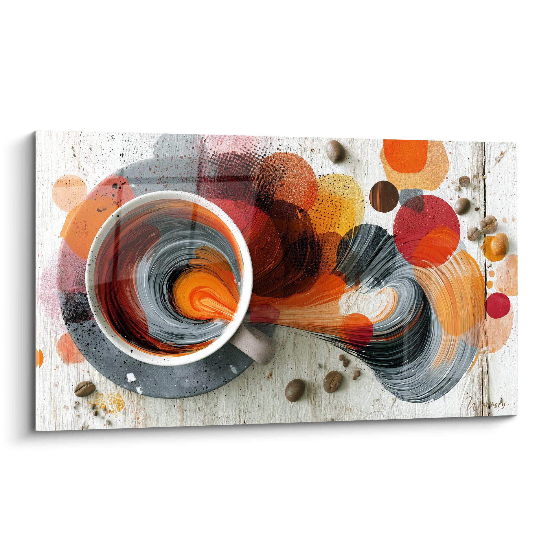 Tasse blanche laissant échapper un tourbillon orange et anthracite sur fond bois clair patiné