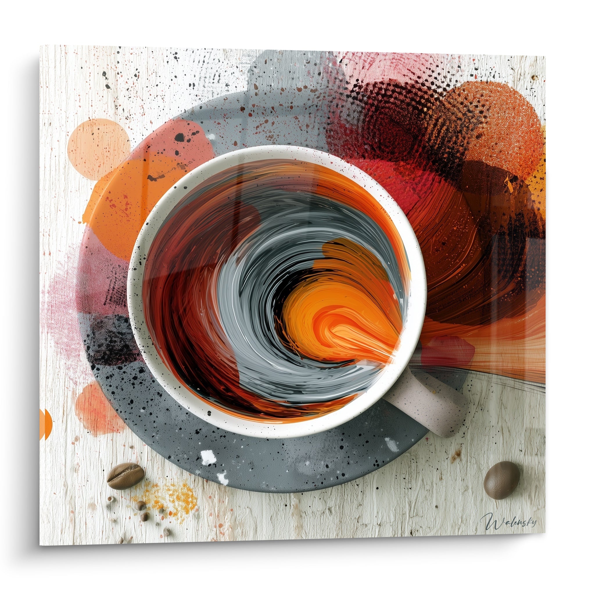 Tasse blanche remplie d'un tourbillon orange et anthracite, thème café en gros plan