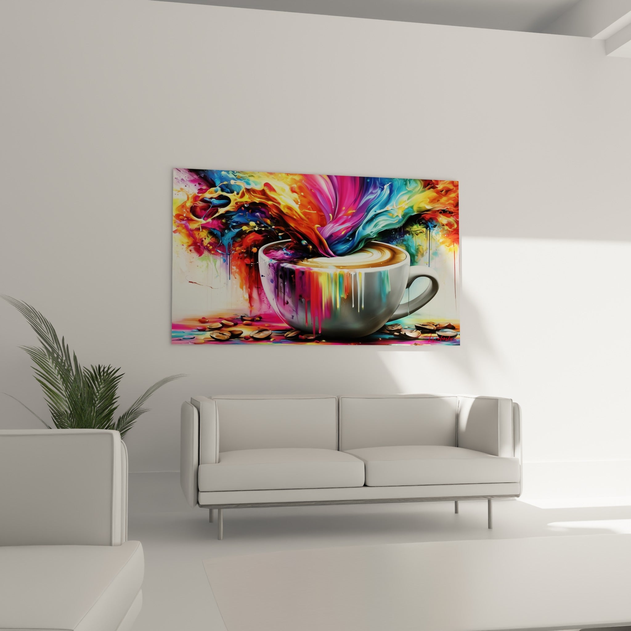 Tourbillon multicolore rose et bleu turquoise autour d'une tasse grise, au-dessus d'un canapé dans un salon lumineux