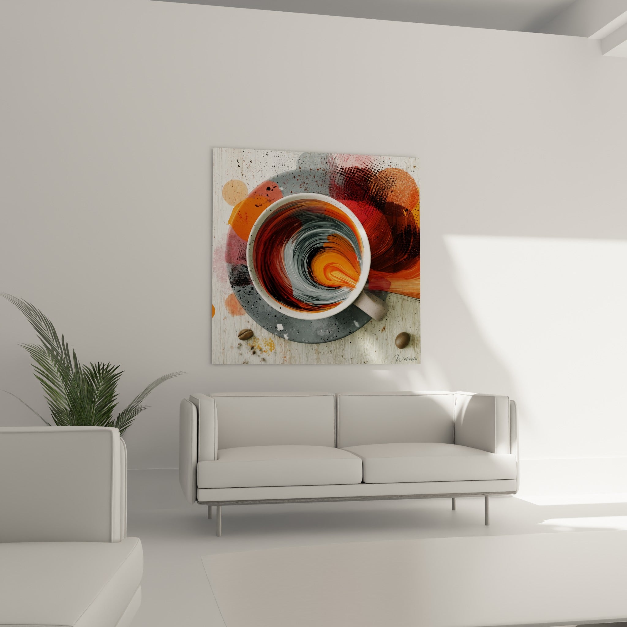 Spirale orange et anthracite au fond d'une tasse café, au-dessus d'un canapé dans un salon lumineux