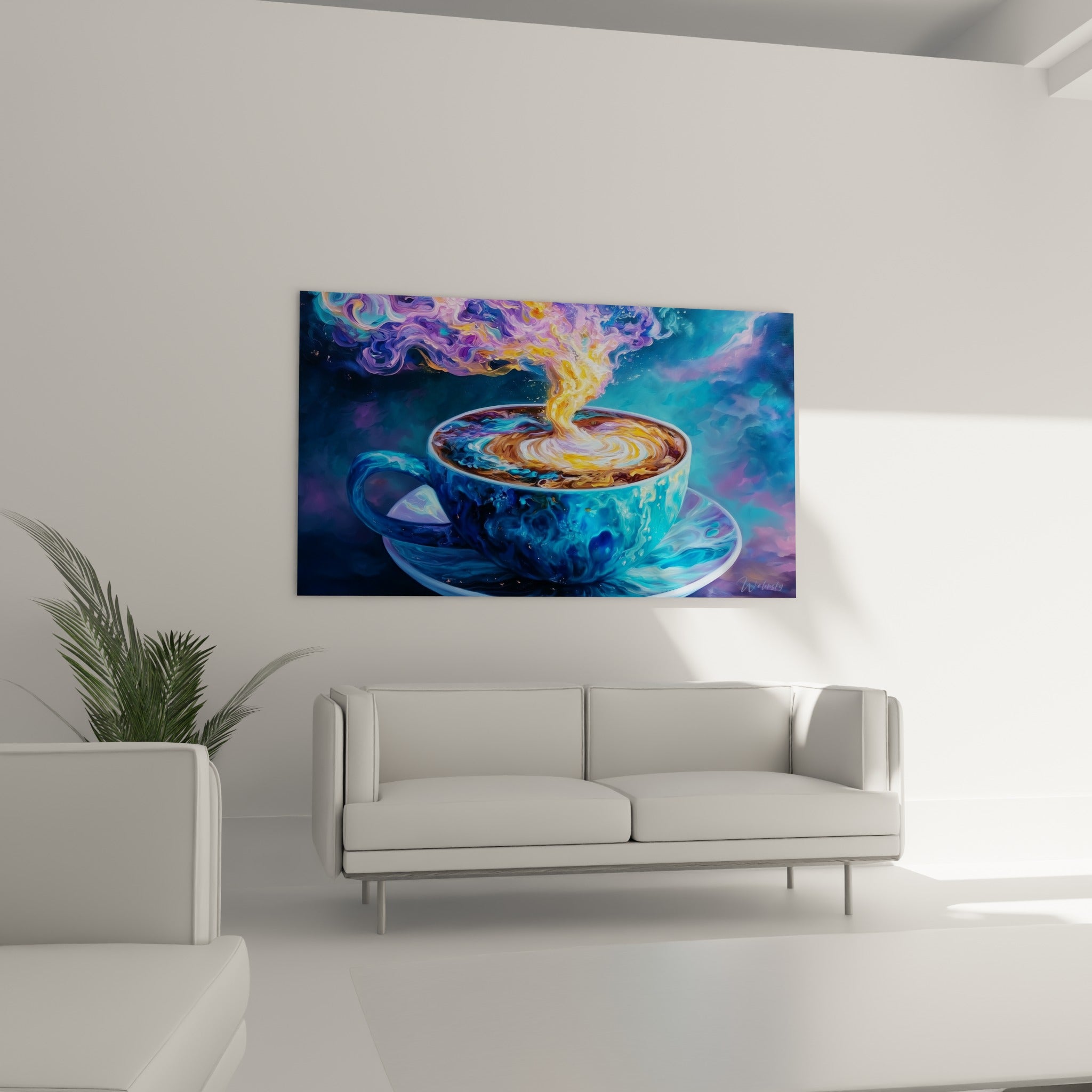 Tourbillon turquoise et violet s'élevant d'une tasse marbrée au-dessus d'un canapé dans un salon lumineux