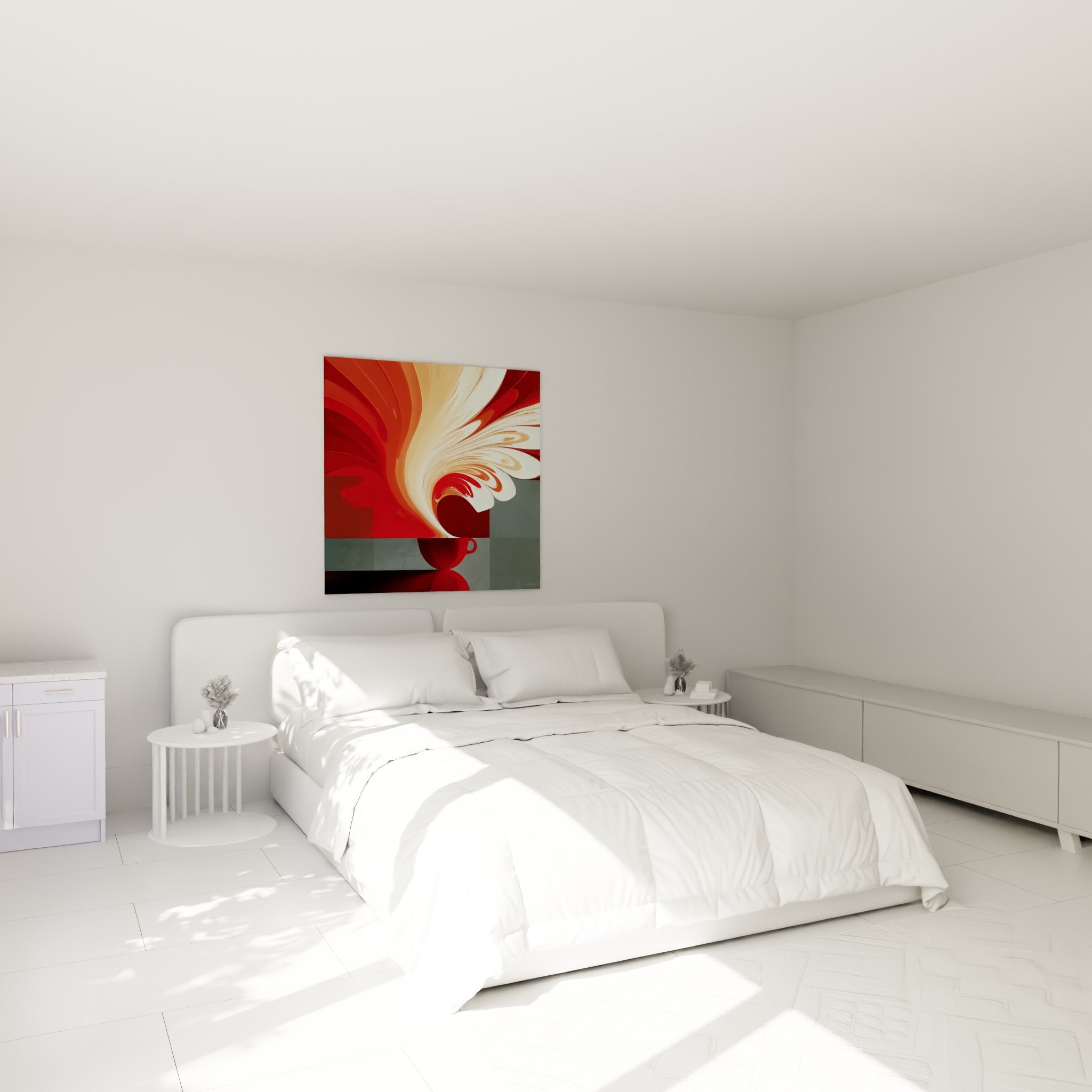 Vague crème et rouge jaillissant d'une tasse de café surplombe un lit dans une chambre claire et lumineuse