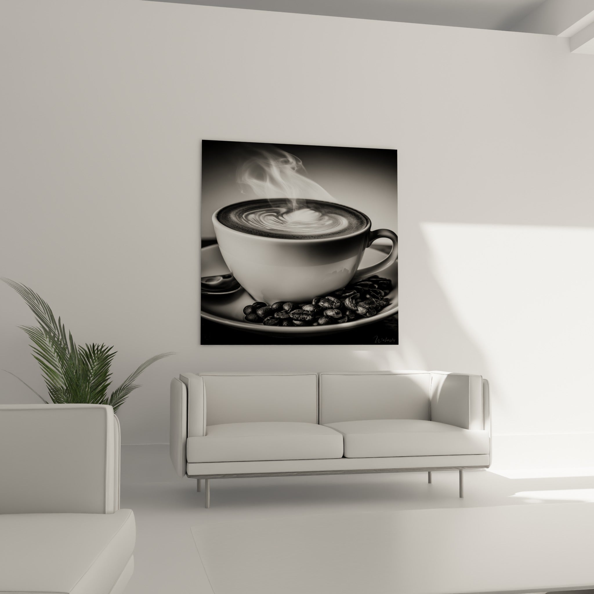 Vapeur blanche s'élevant d'une tasse anthracite au-dessus d'un canapé dans un salon lumineux