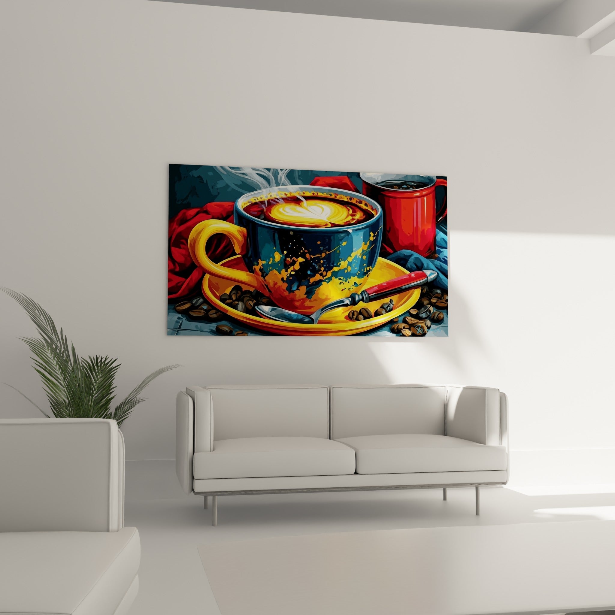 Vapeur blanche s'élevant d'une tasse bleue et dorée, tableau café placé au-dessus d'un canapé dans un salon lumineux