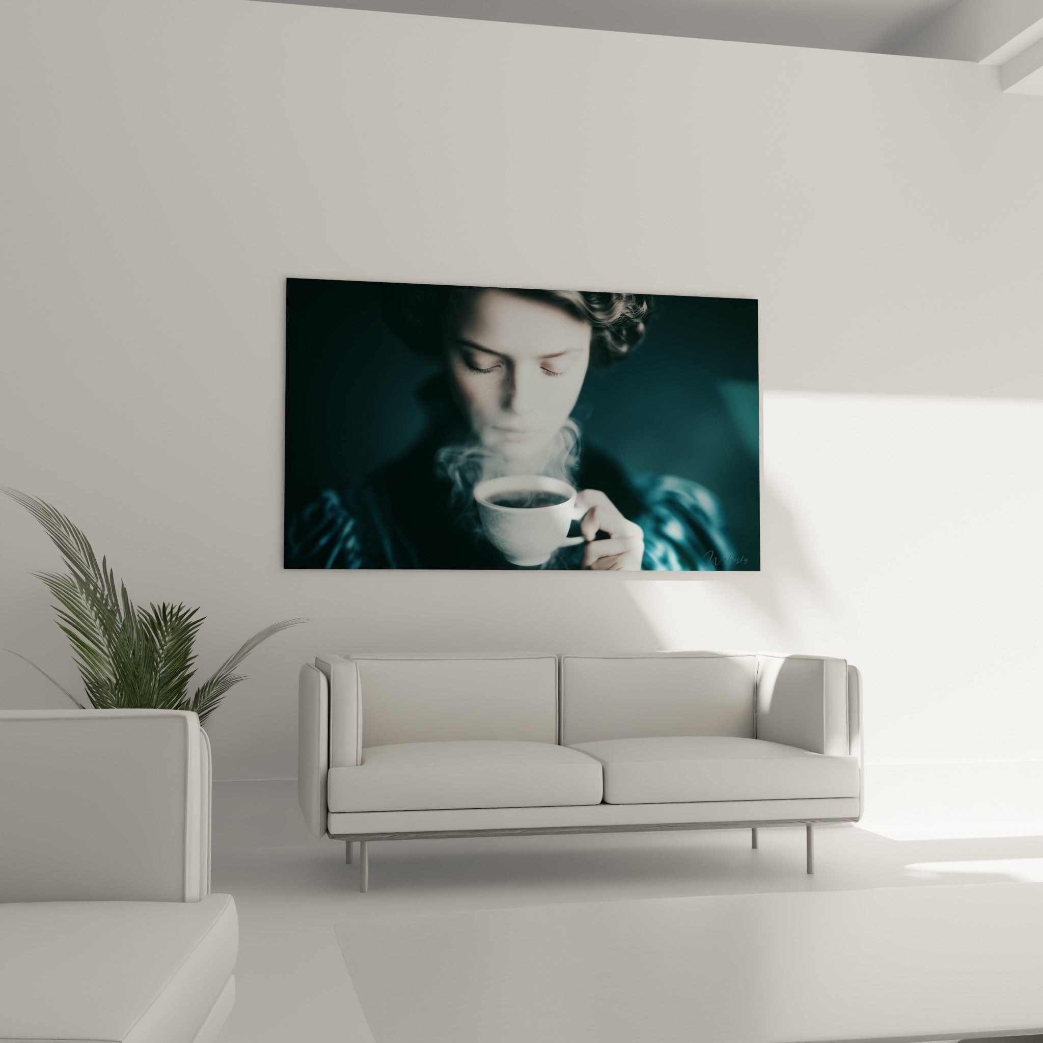 Portrait contemplatif en bleu et blanc, vapeur montante, au-dessus d'un canapé dans un salon lumineux