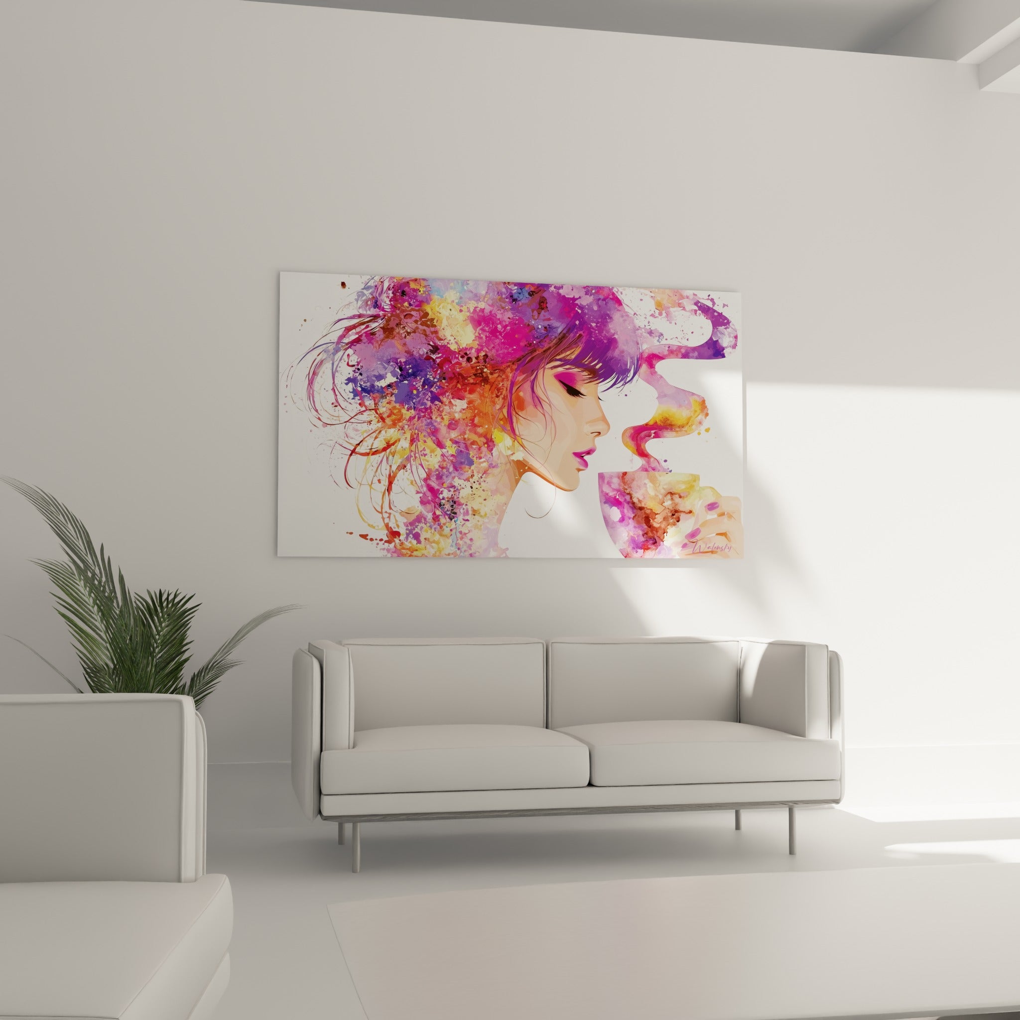 Femme au profil délicat entourée de touches roses et dorées, ce tableau café trône au-dessus d'un canapé dans un salon lumineux