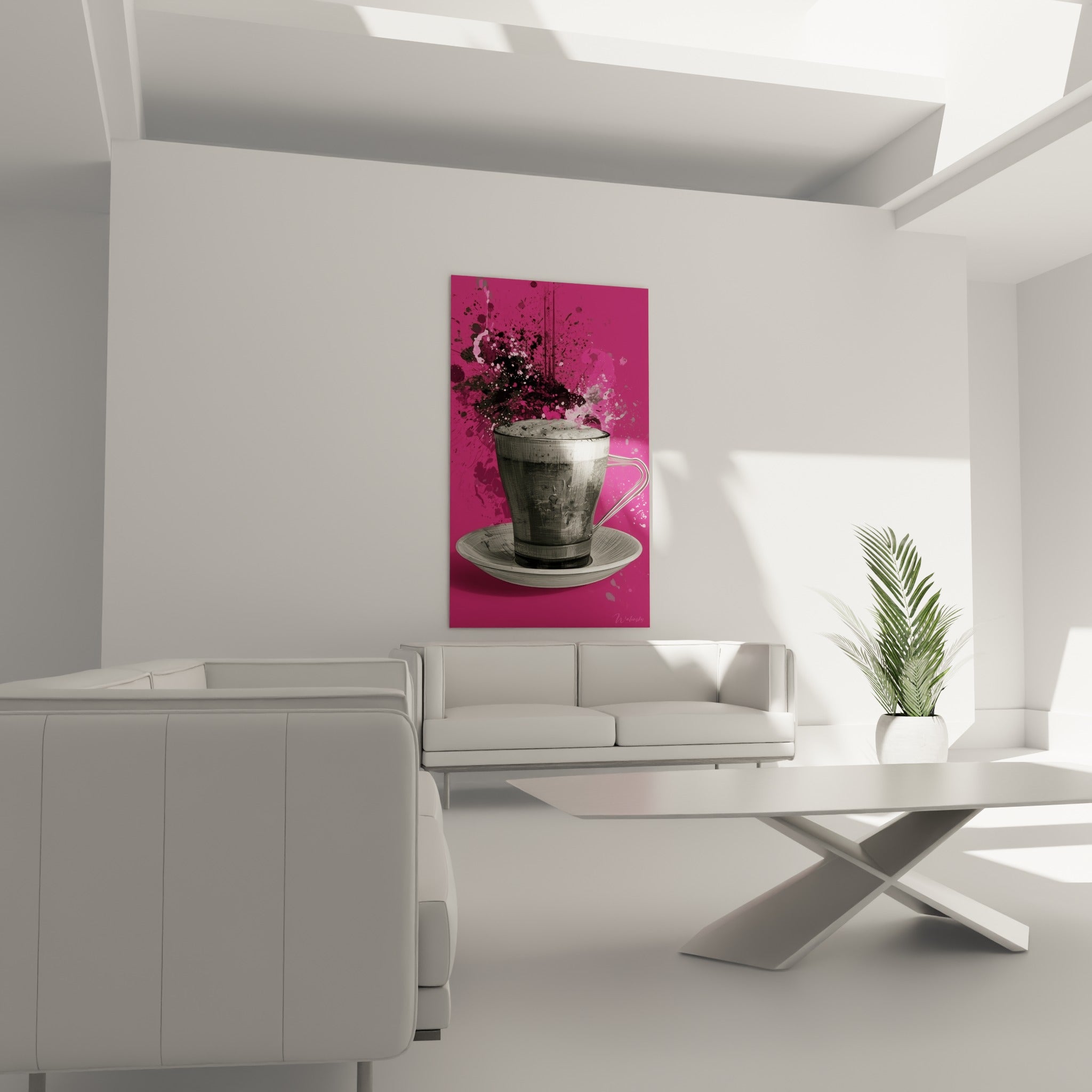 Vapeur transformée en éclaboussures roses et anthracite au-dessus d'une tasse, dans un salon lumineux