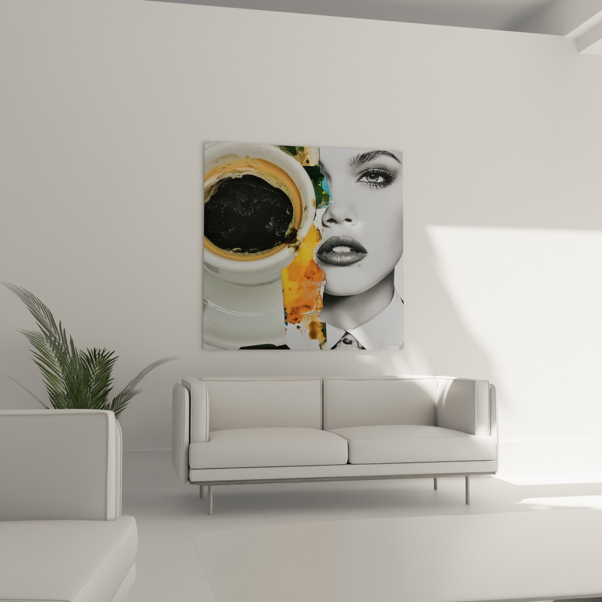 Visage noir et blanc et café ambré au-dessus d'un canapé dans un salon lumineux