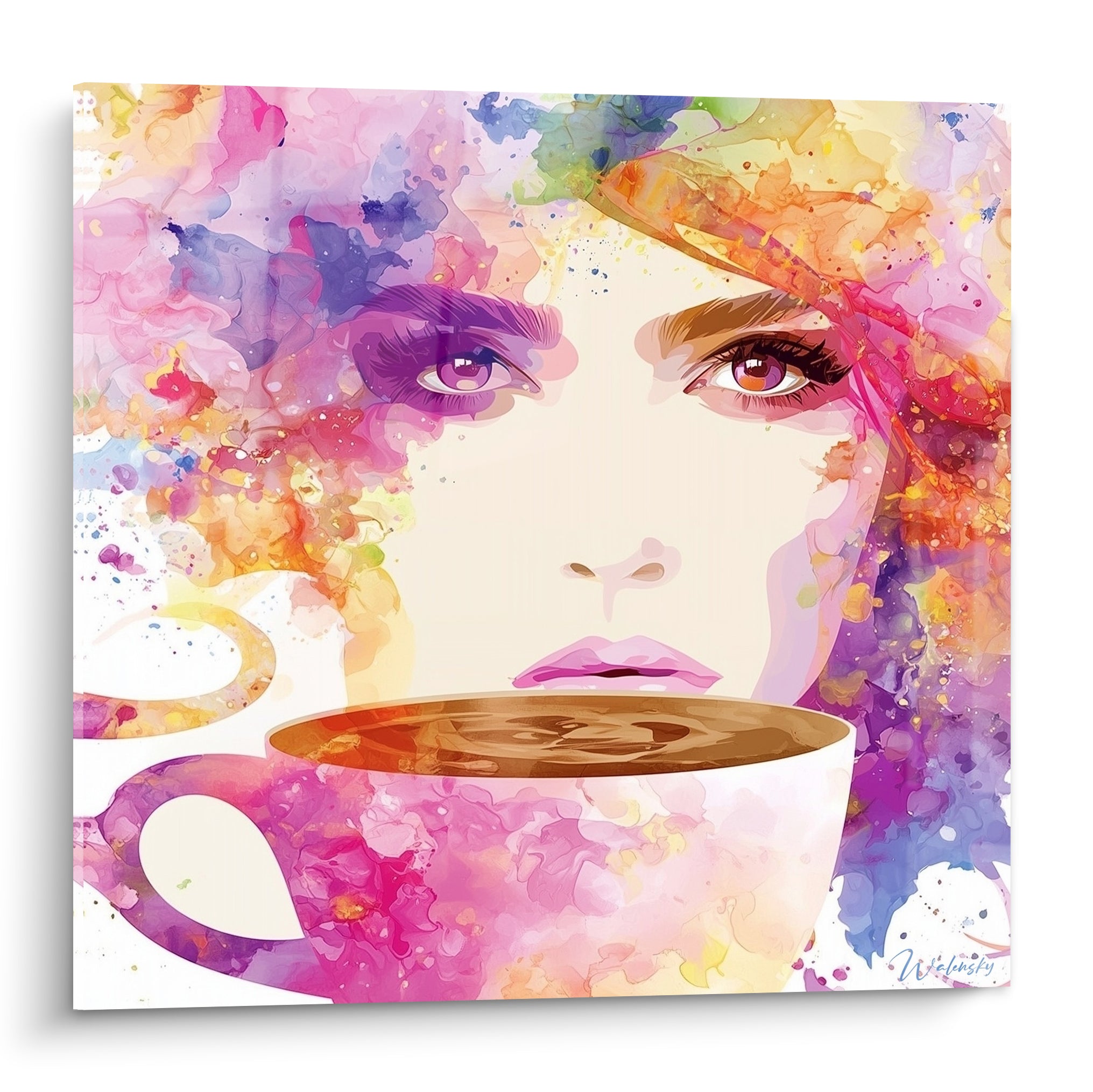 Visage féminin aquarelle rose et violet penché sur une tasse de café dorée