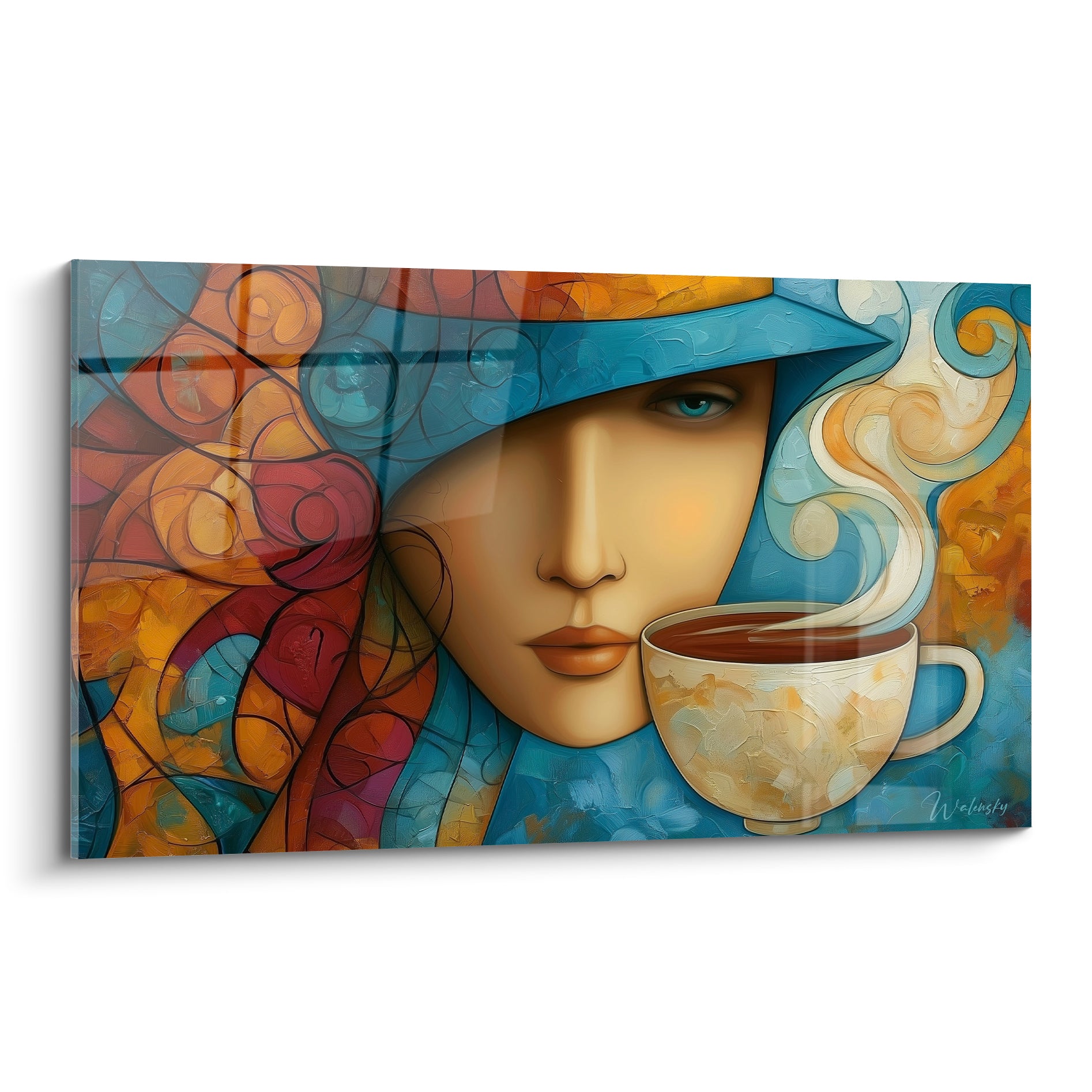 Visage stylisé bleu marine et ocre tenant une tasse de café fumante peinte à l'huile