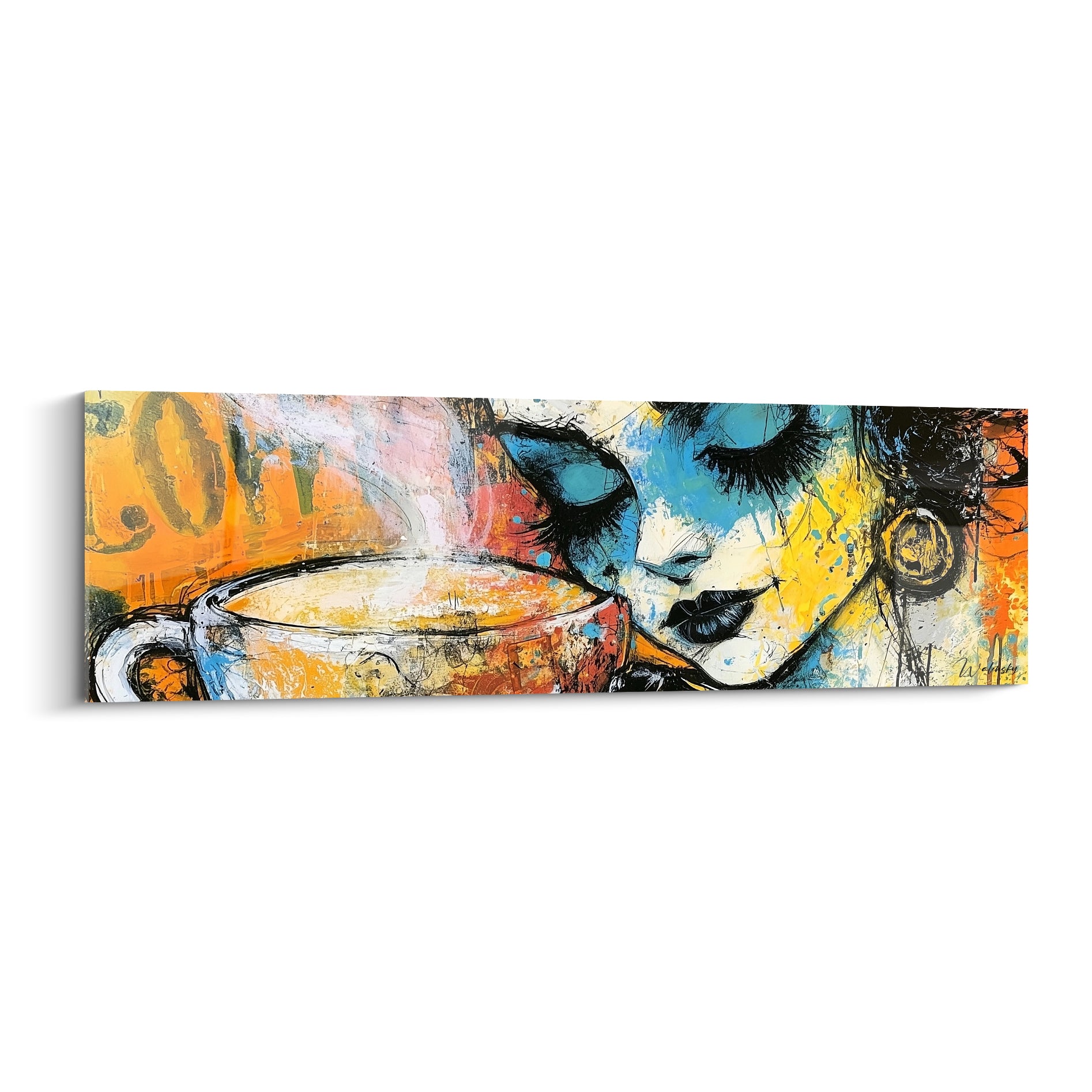 Visage aux yeux clos et tasse fumante, tons ocre et bleu marine intenses, style expressif urbain