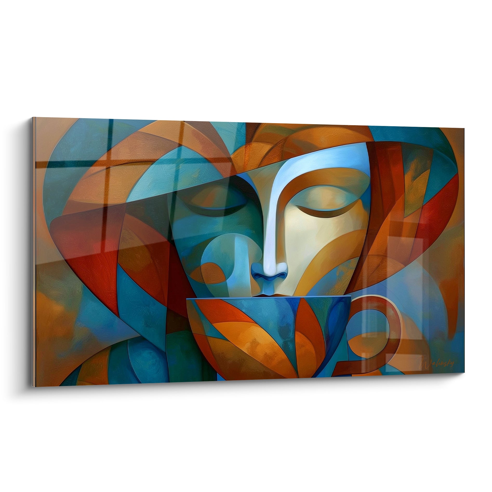 Visage cubiste aux yeux clos savourant une tasse bleue et terracotta, composition géométrique raffinée