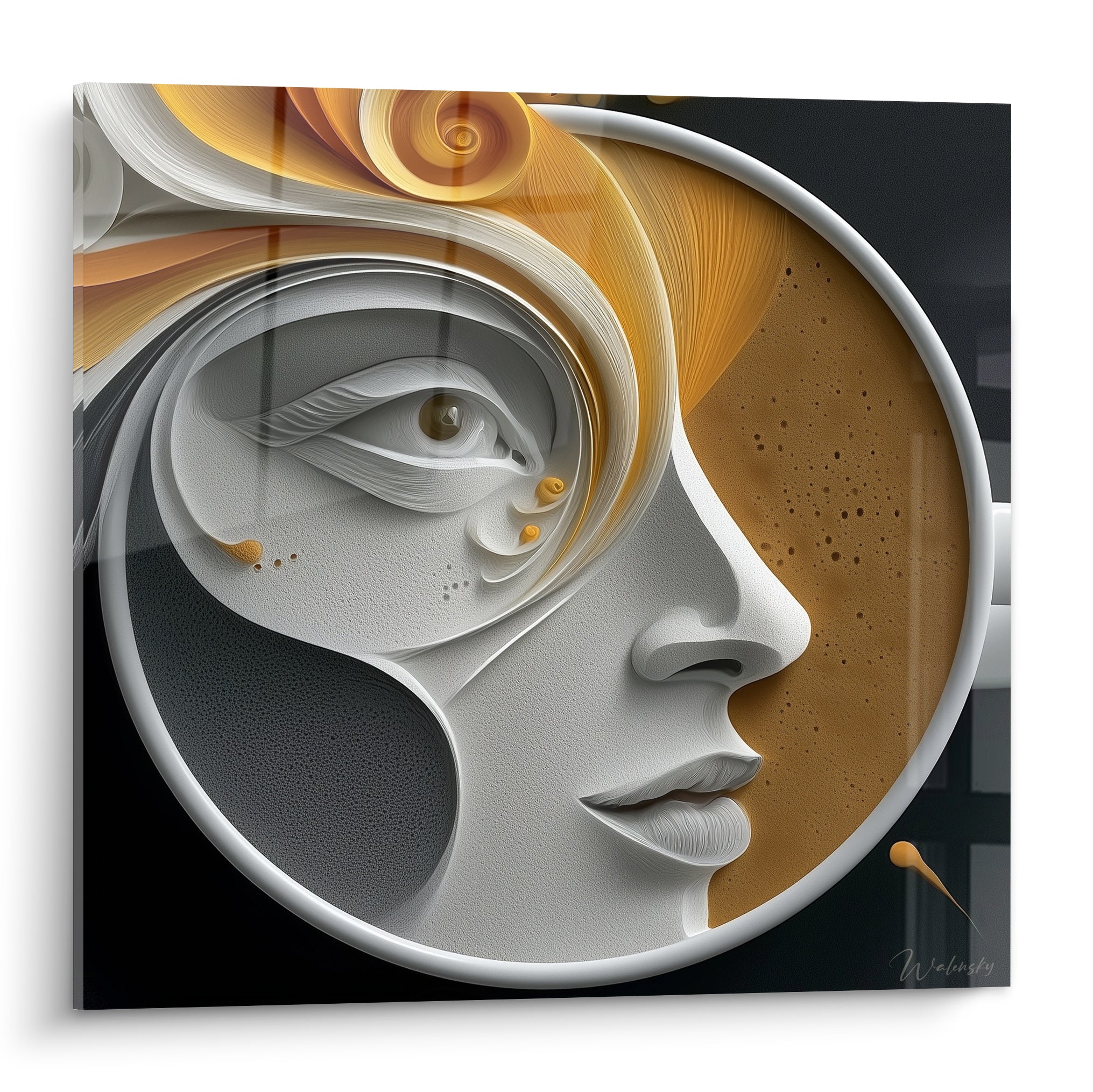 Visage sculpté blanc et anthracite fusionnant avec une tasse de café ambrée moucheté d'or