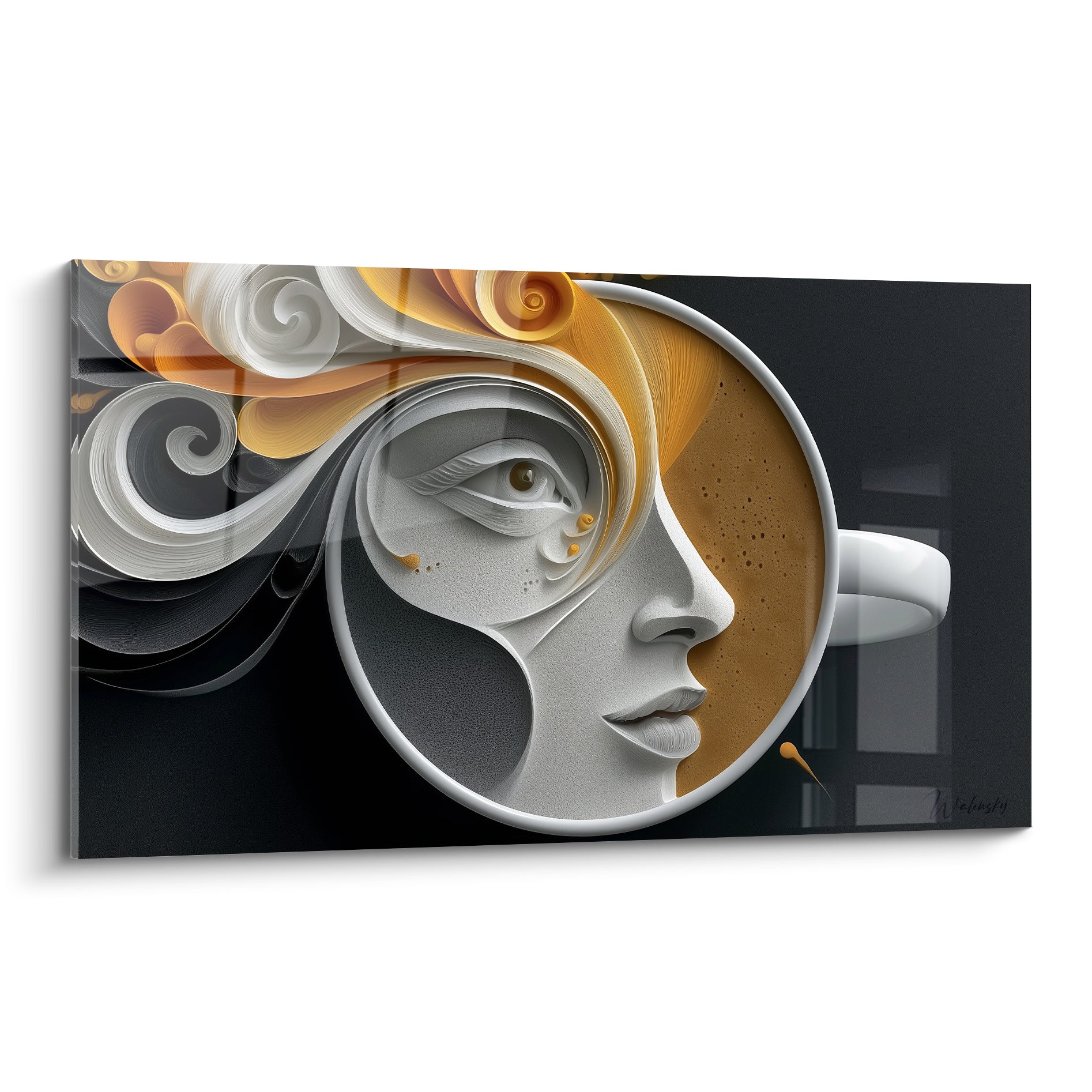 Visage sculpté blanc et café doré fusionnent en tasse, volutes anthracite en arrière-plan