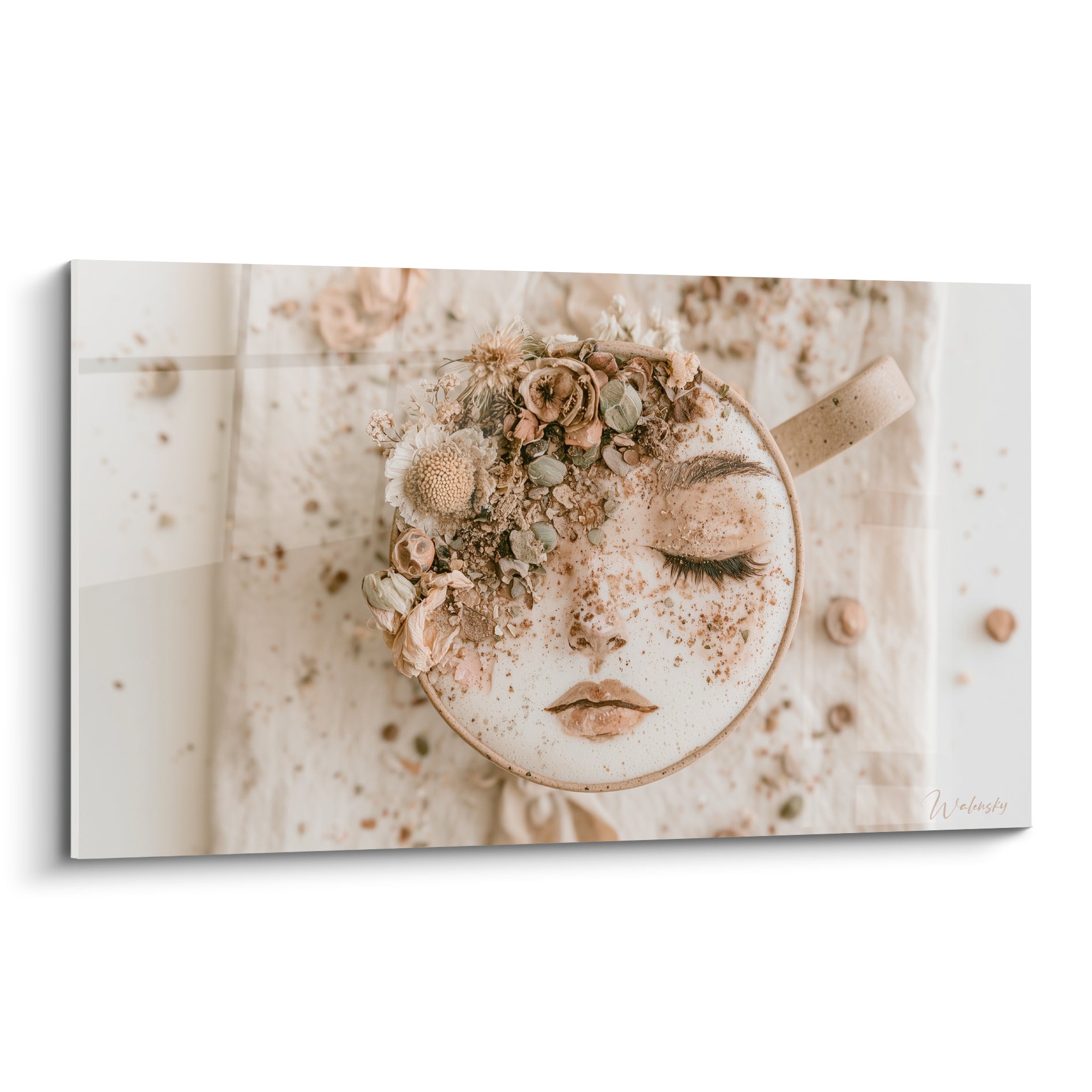 Visage endormi aux yeux clos émergeant d'une tasse beige et terracotta fleurie