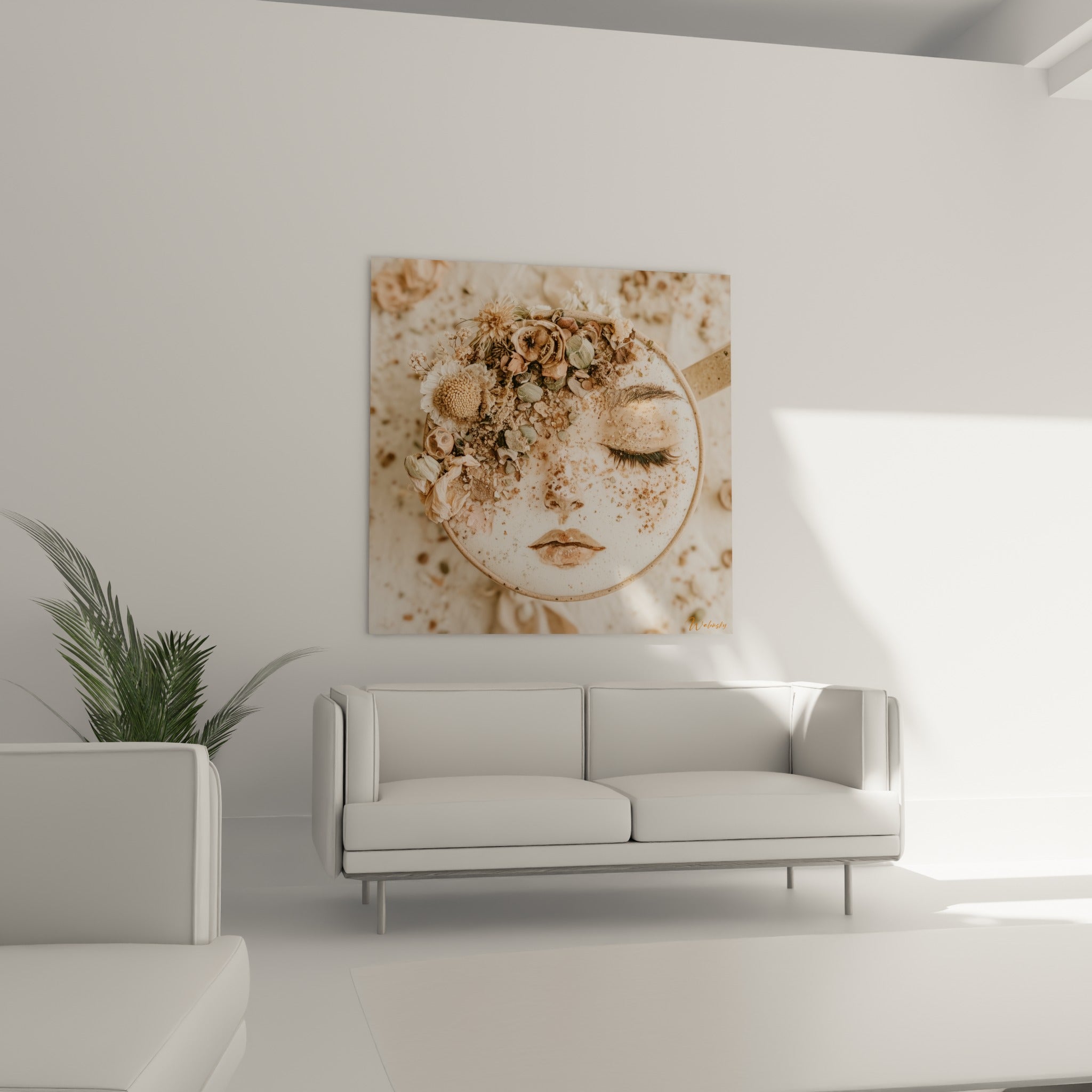Composition sépia et beige d'un visage fleuri suspendue au-dessus d'un canapé dans un salon lumineux