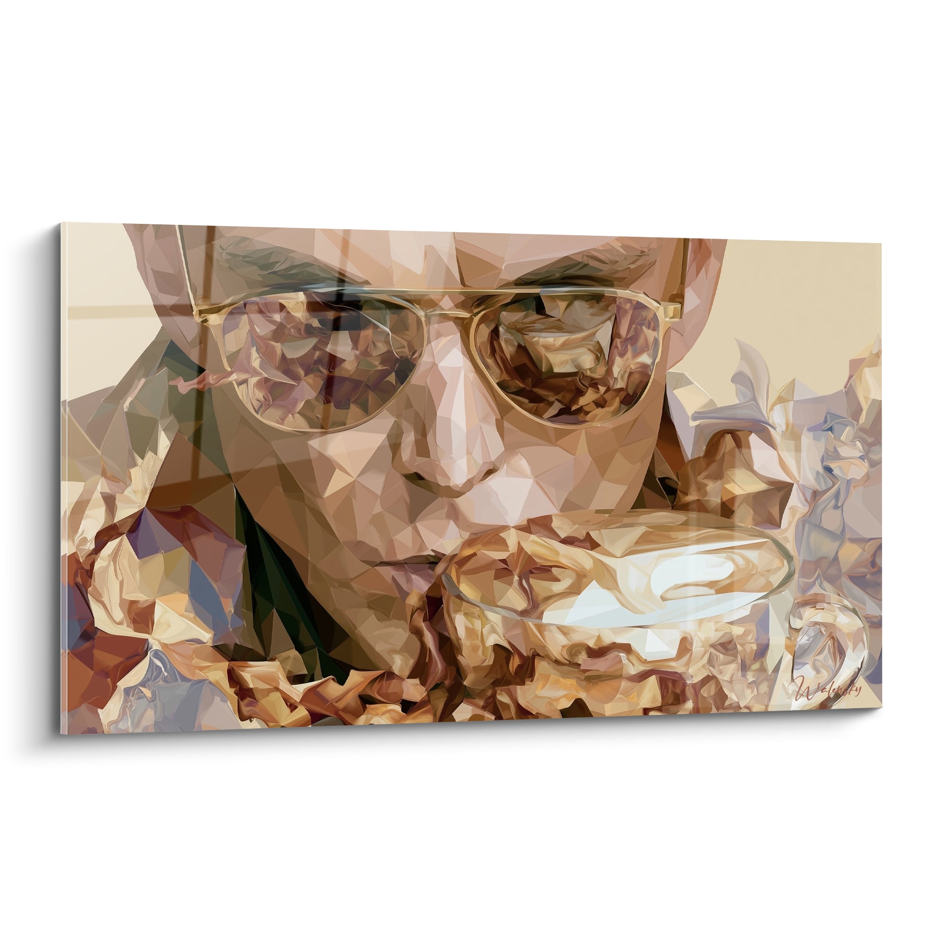 Visage aux lunettes dorées buvant une boisson, style géométrique beige et brun fragmenté