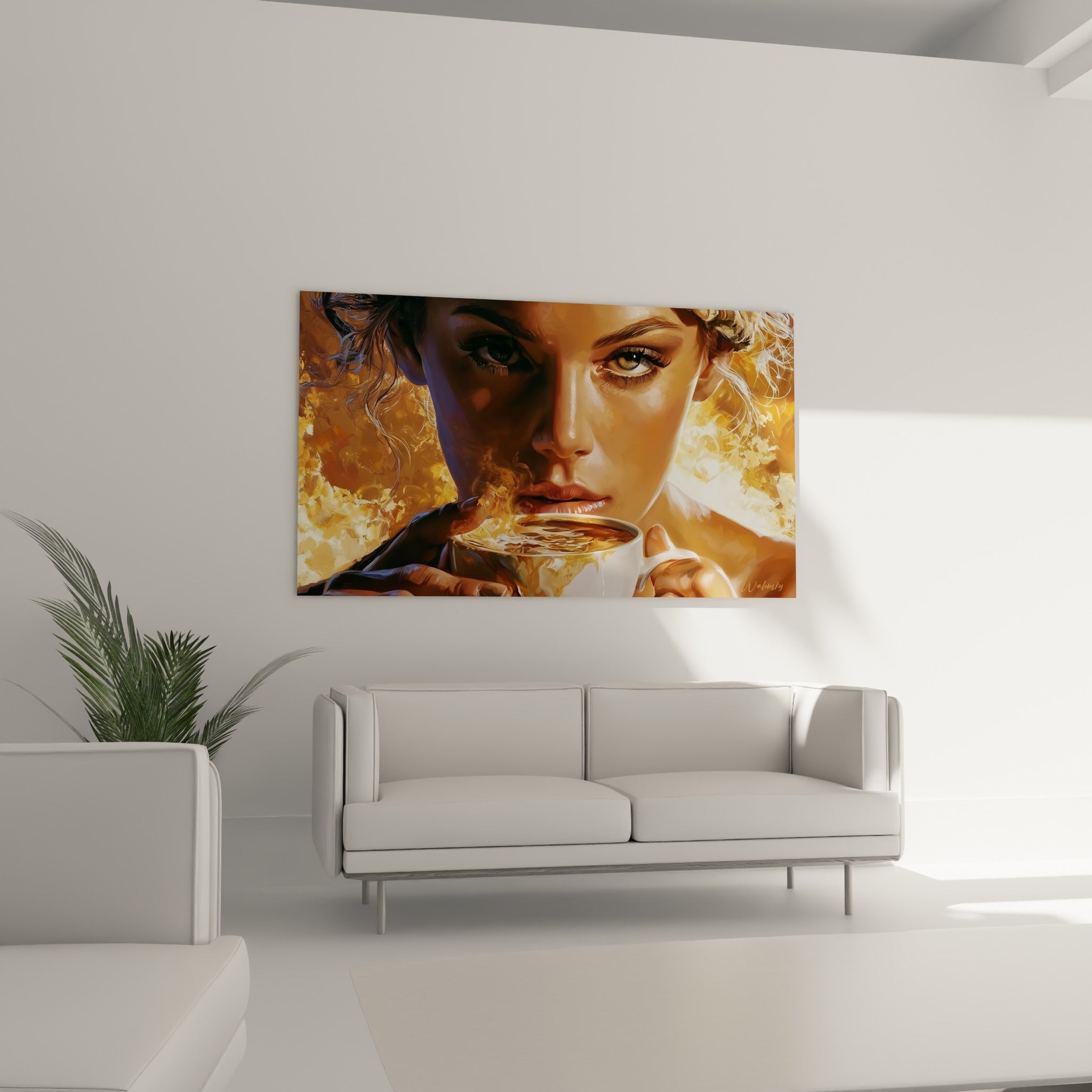 Visage éclairé de tons ocre buvant un café vaporeux sur ce tableau accroché au-dessus d'un canapé dans un salon lumineux