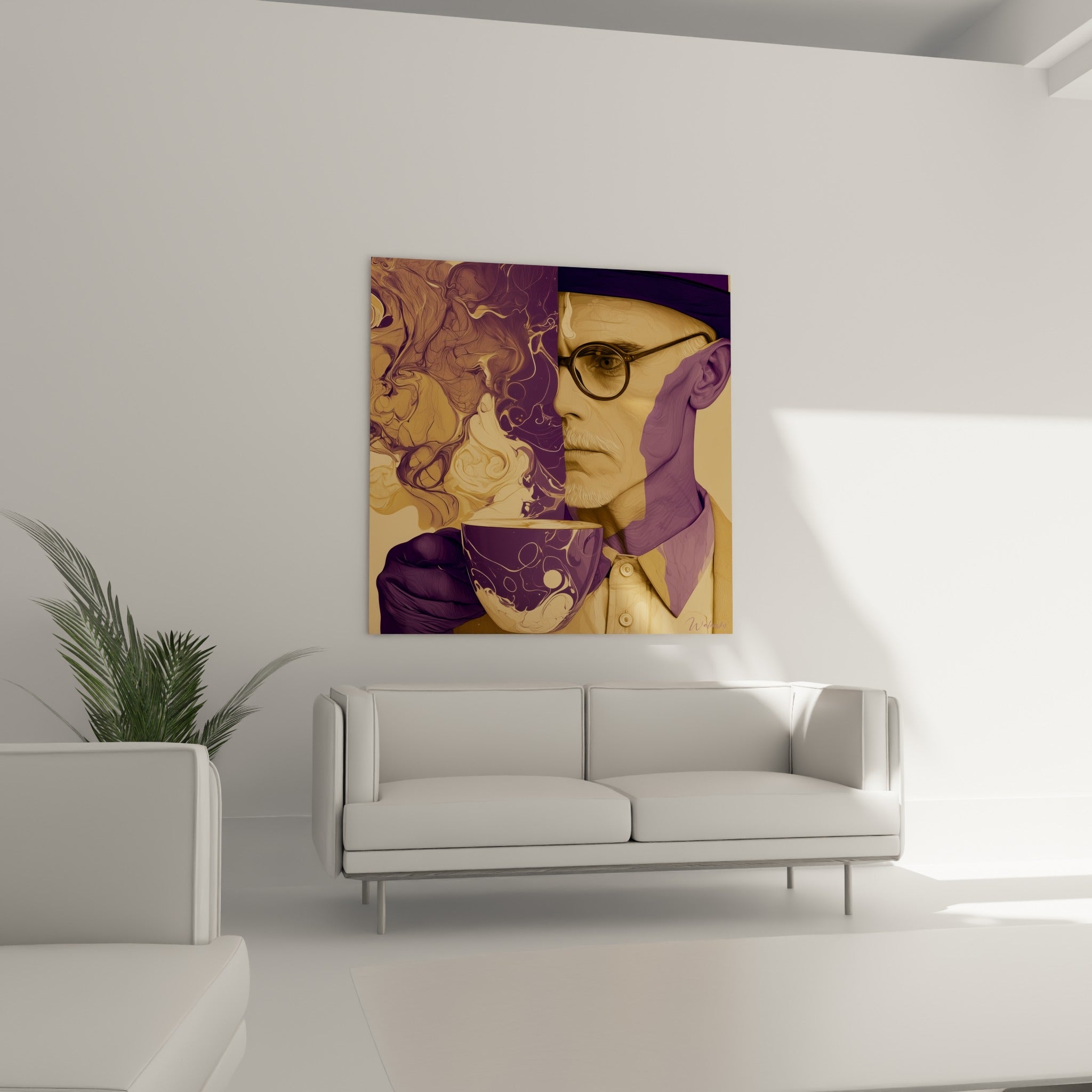 Visage pensif aux volutes violettes et crème tenant une tasse, au-dessus d'un canapé dans un salon lumineux