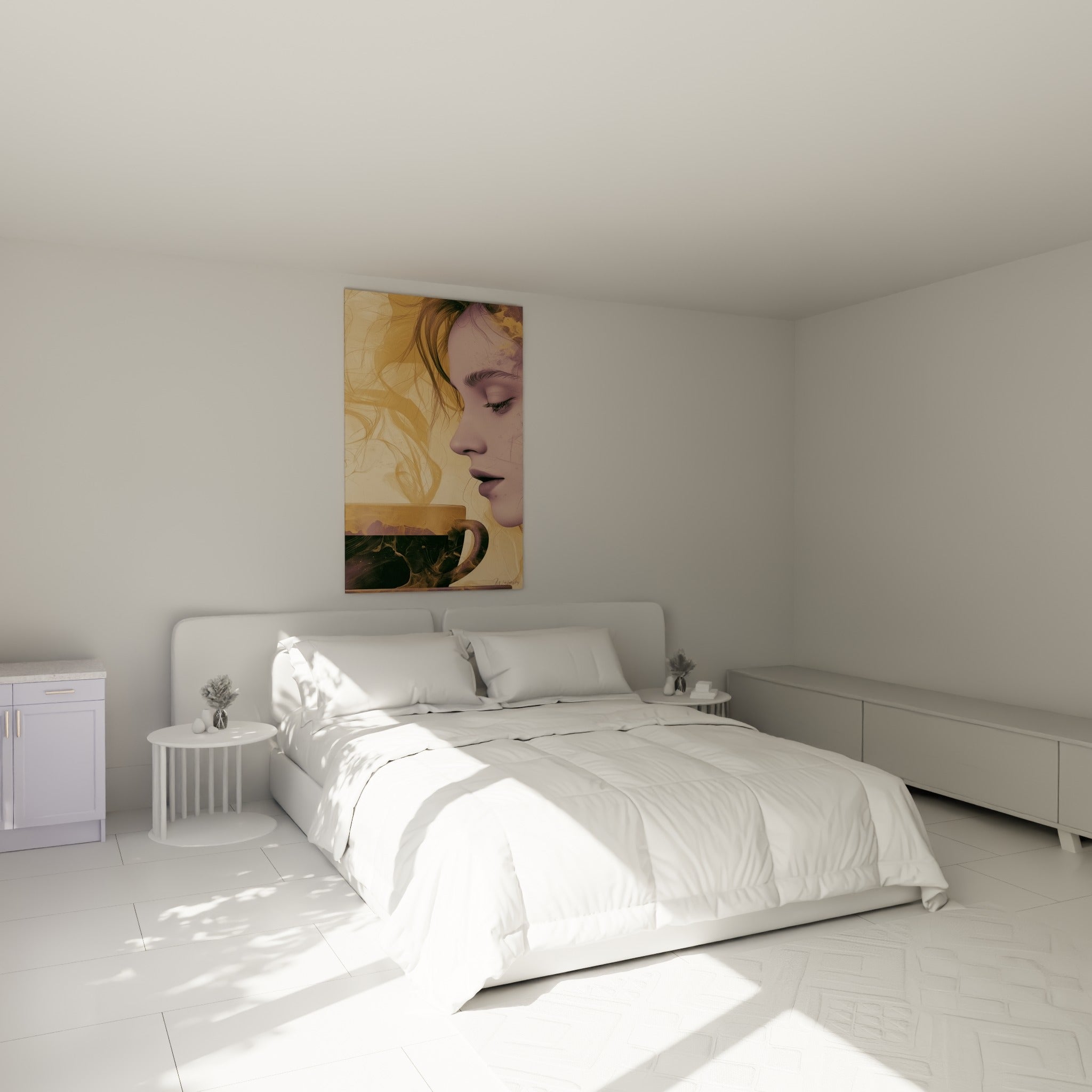 Profil féminin doré et fumée enveloppante accroché au-dessus d'un lit dans une chambre claire