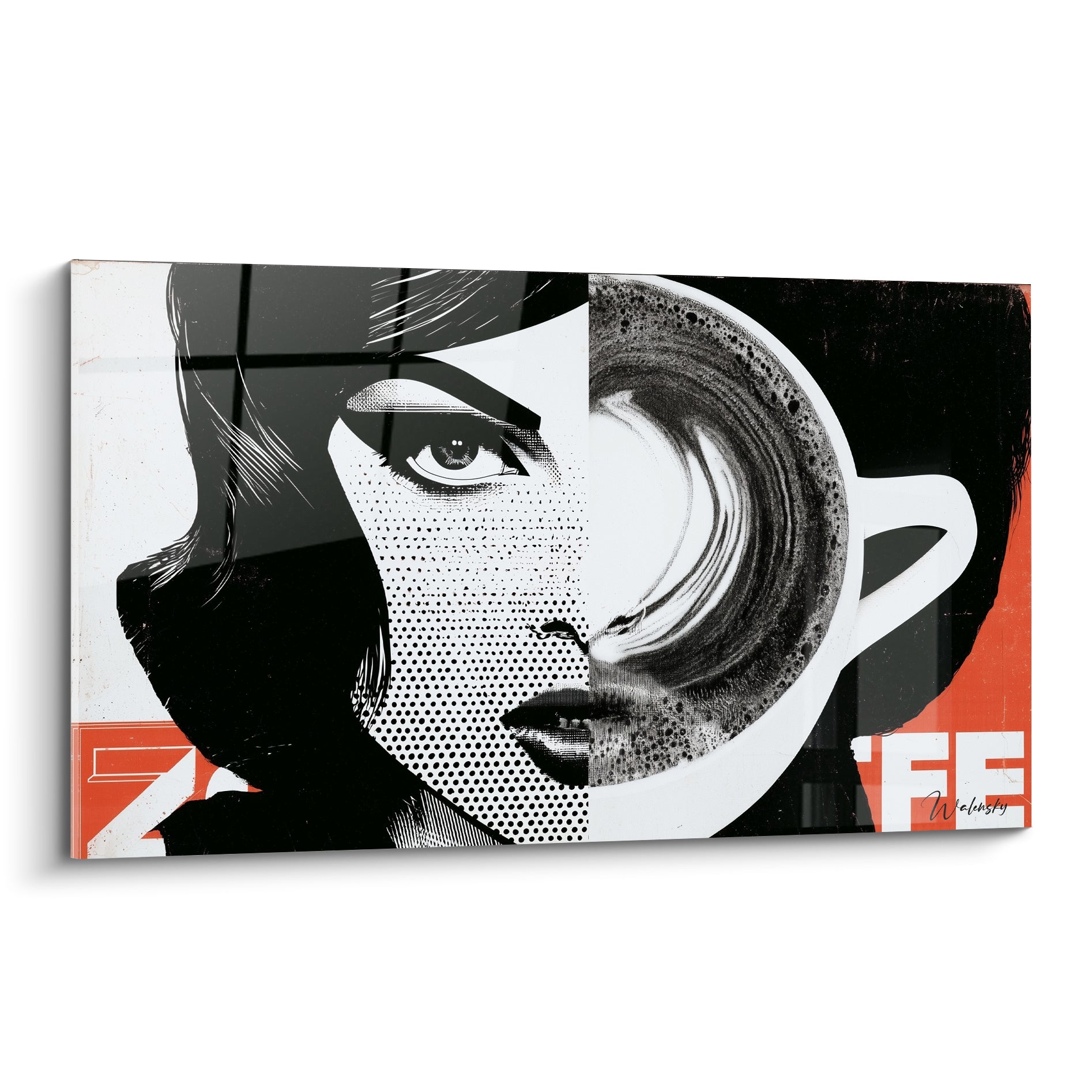 Visage et tasse de café fusionnés en noir, blanc et rouge orangé, style pop art graphique