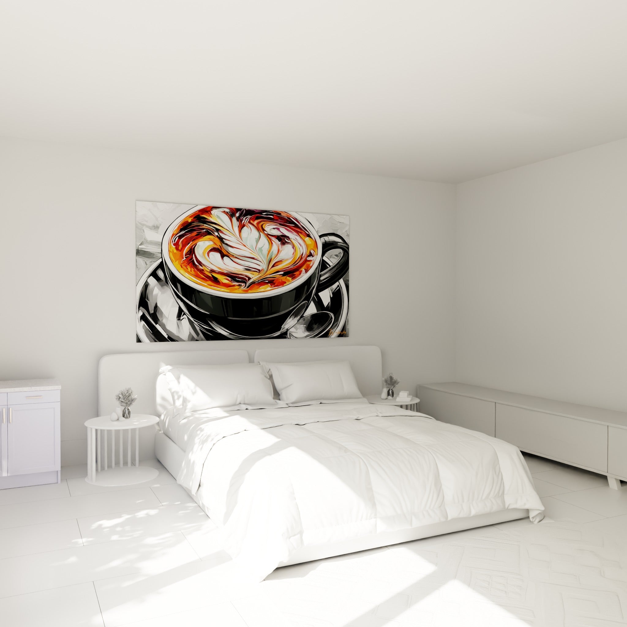 Volutes orangées et bordeaux d'un tableau café accrochées au-dessus d'un lit dans une chambre claire