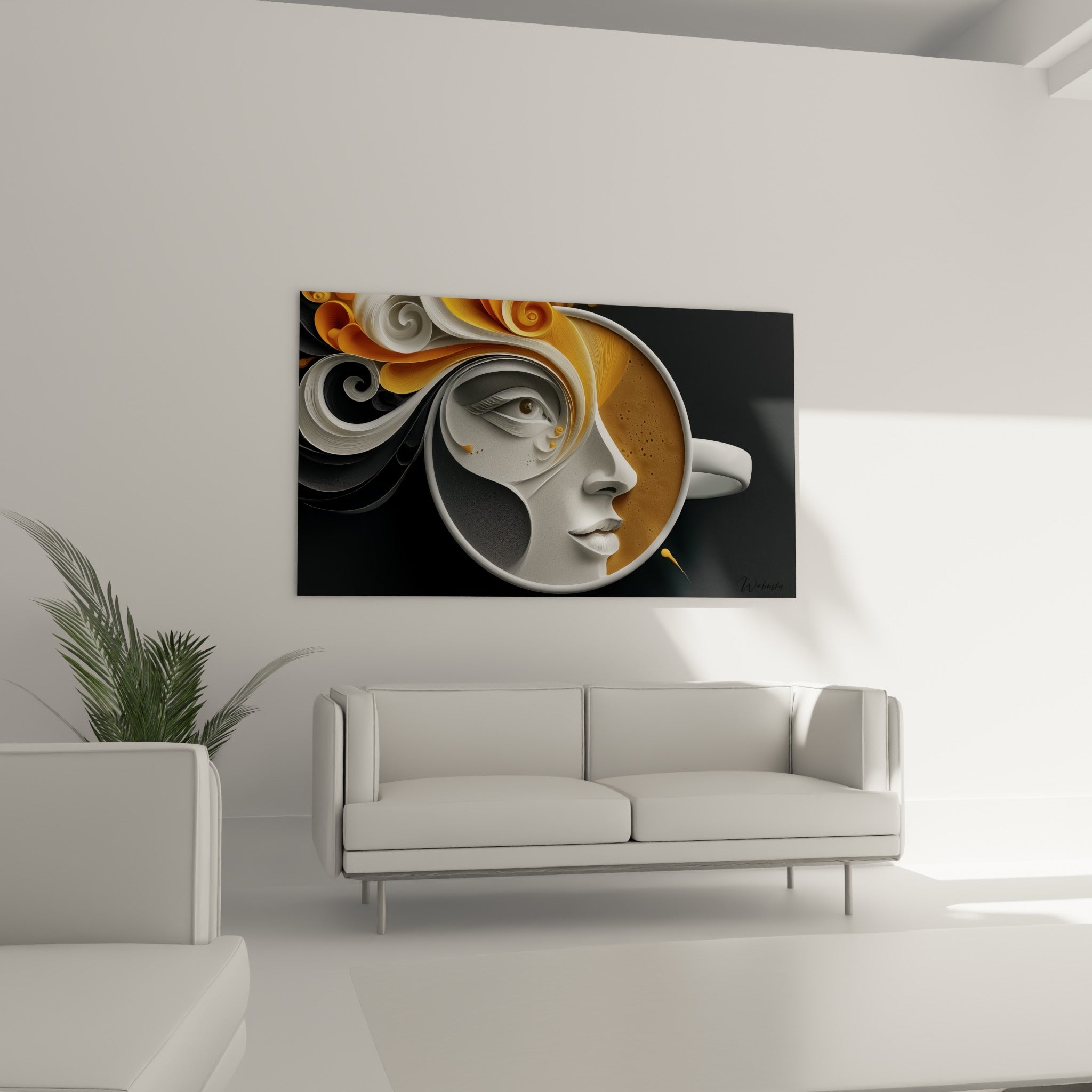 Volutes dorées et blanches enroulant un visage café, au-dessus d'un canapé dans un salon lumineux