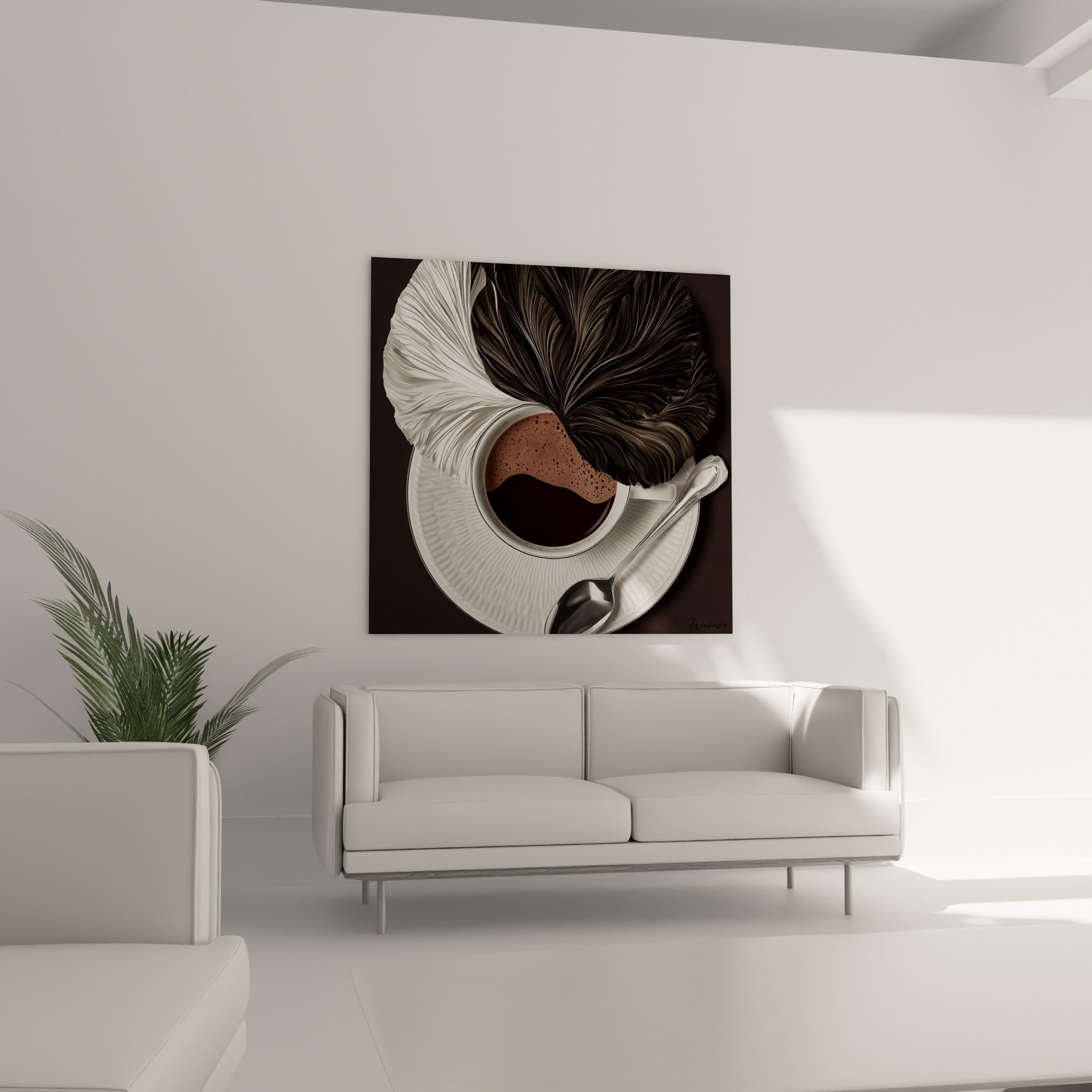 Mousse brune et cuillère argentée dans une composition élégante au-dessus d'un canapé dans un salon lumineux