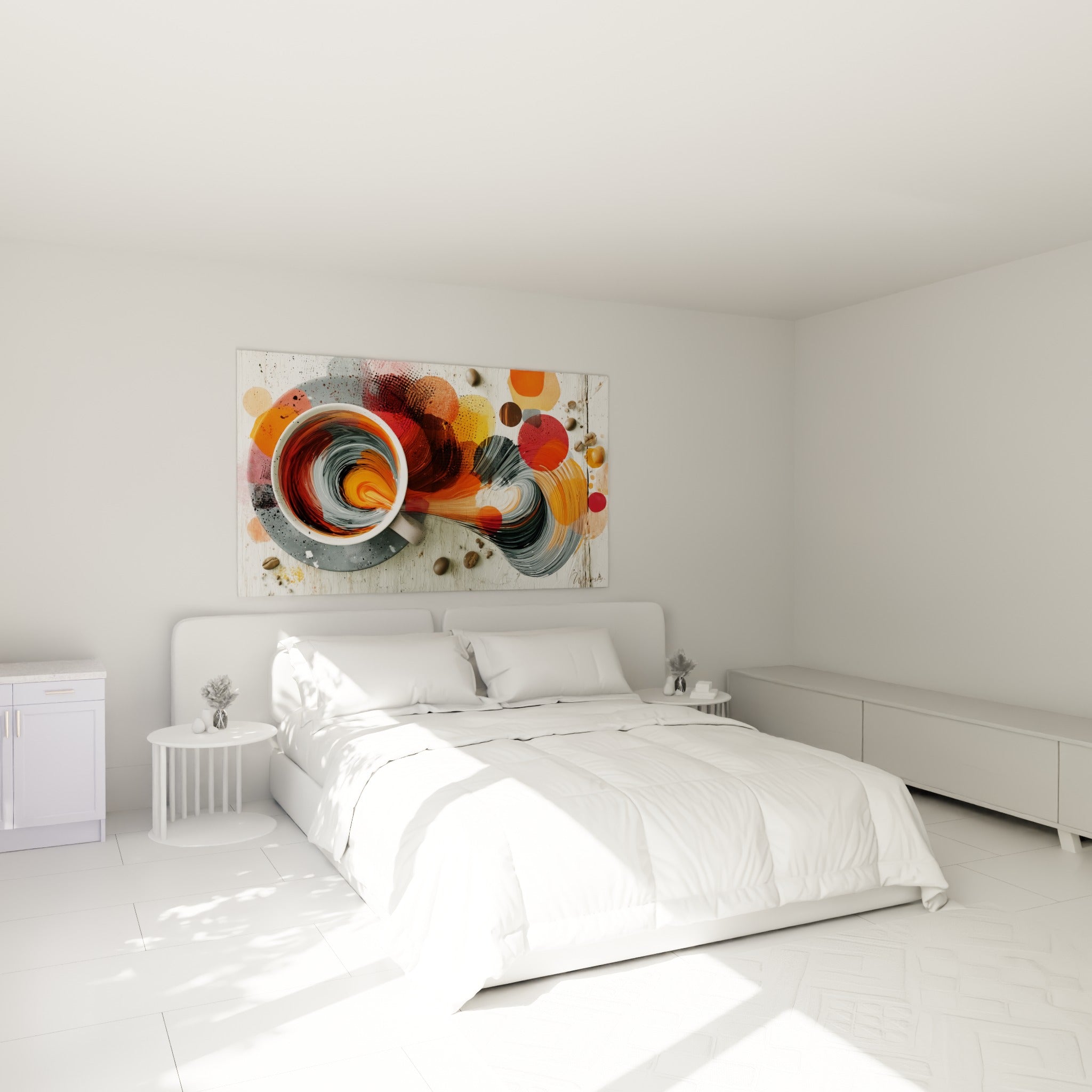 Volutes orange et grises jaillissant d'une tasse de café, accrochées au-dessus d'un lit dans une chambre claire