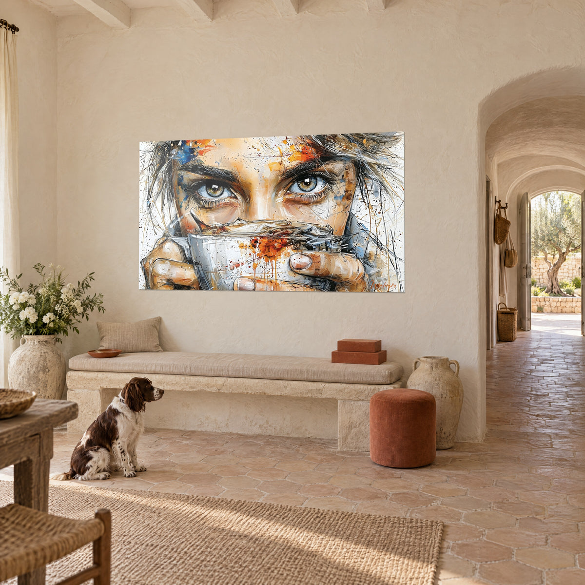 Cuadro Rostro pintado con ojos claros perfilados en negro, toques ocres y naranjas, pared beige, spaniel sentado en un mas provenzal