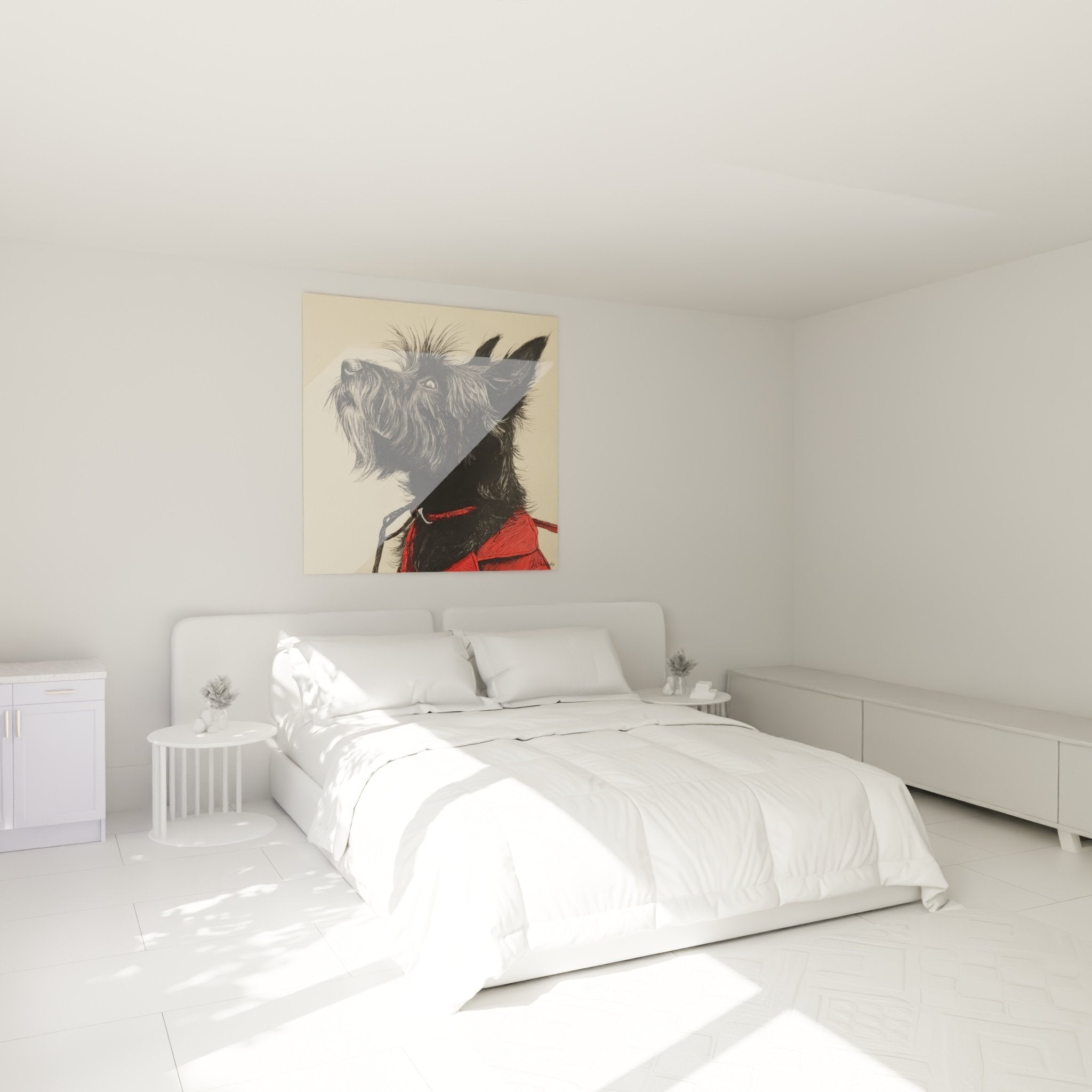 Tableau mural Cairn Terrier au manteau rouge dans une chambre moderne avec décoration beige et bois naturel