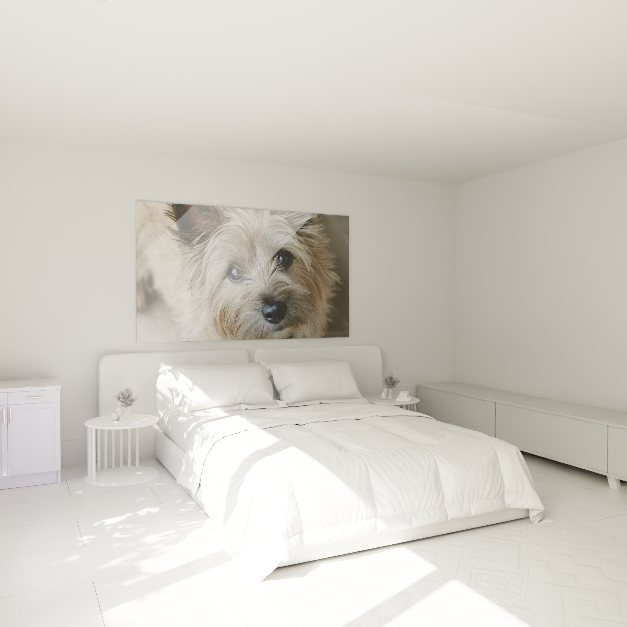 Tableau portrait Cairn Terrier yeux bleus dans chambre décoration murale chaleureuse
