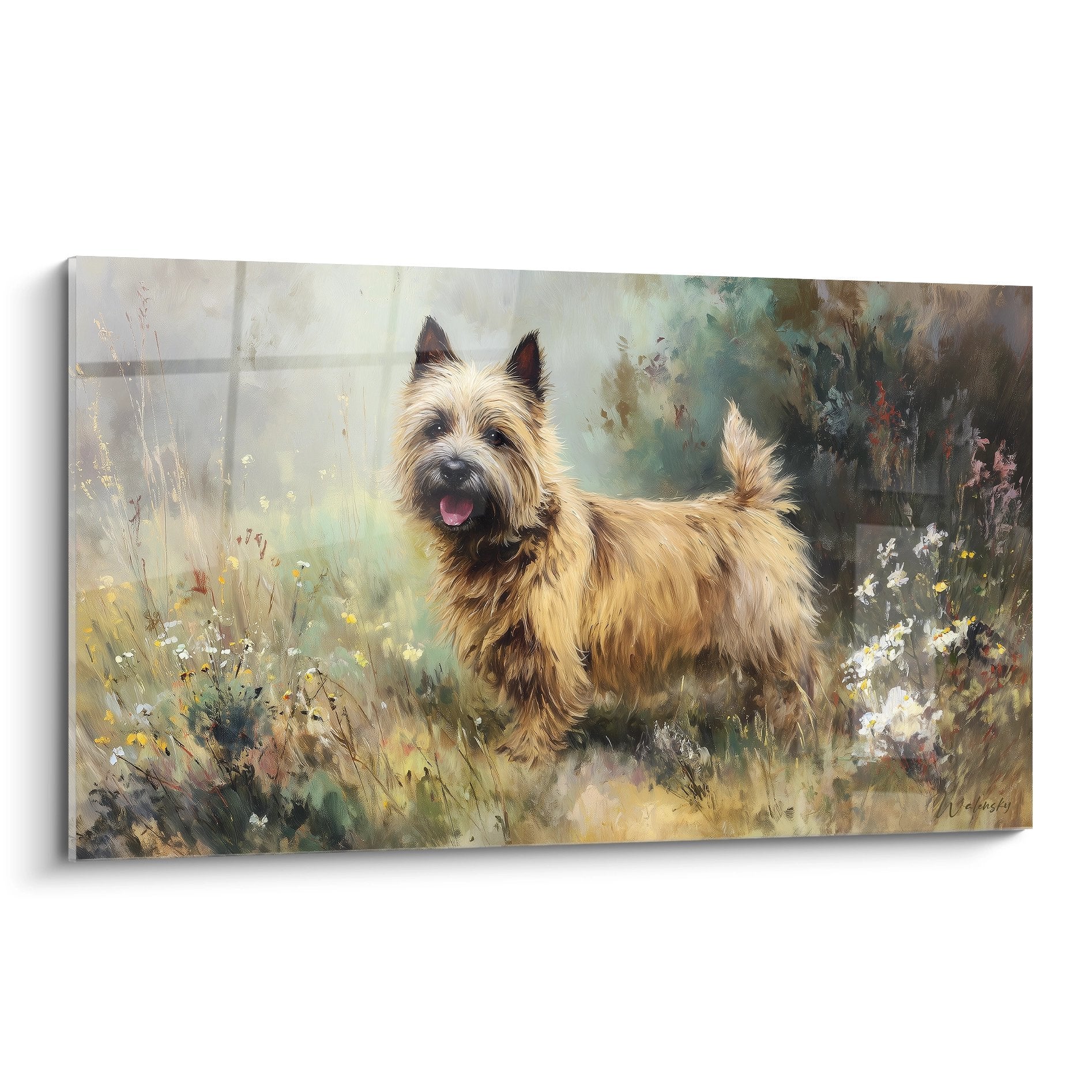 Tableau artistique Cairn Terrier au pelage doré dans jardin fleuri aux tons verts et crème