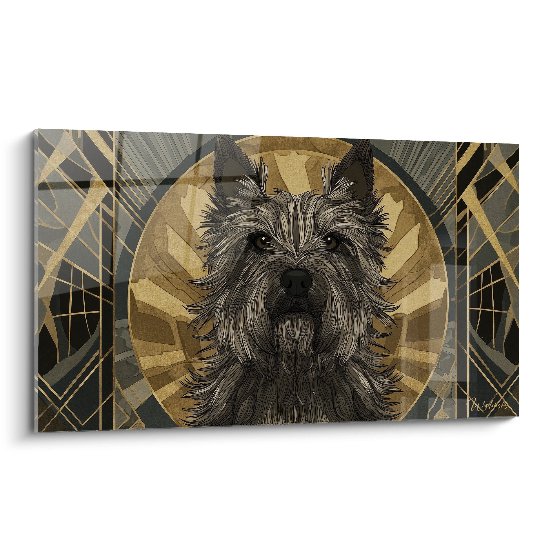 Tableau portrait Cairn Terrier avec motifs géométriques dorés et arrière-plan art déco métallique