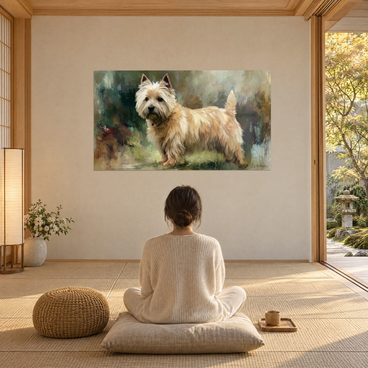 Quadro di terrier scozzese color grano, orecchie appuntite, sfondo dipinto in verde e ocra, persona di spalle seduta su un cuscino davanti al muro