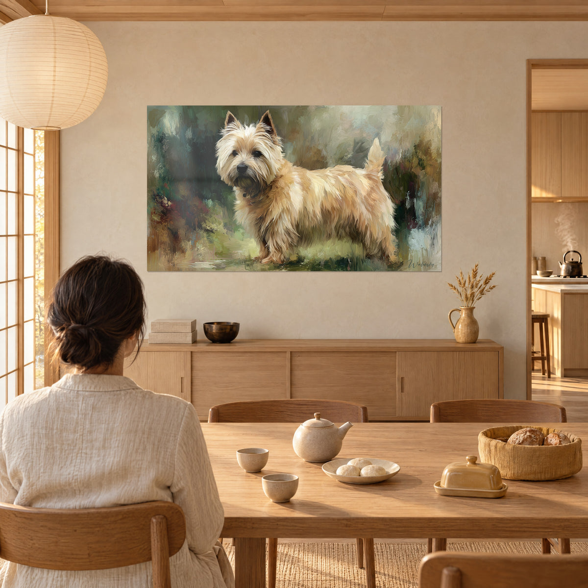 Quadro di cane in piedi sull'erba, pelo crema e ocra, sguardo nero, sfondo di verdi e tonalità ruggine, donna di spalle accanto a un tavolo in legno