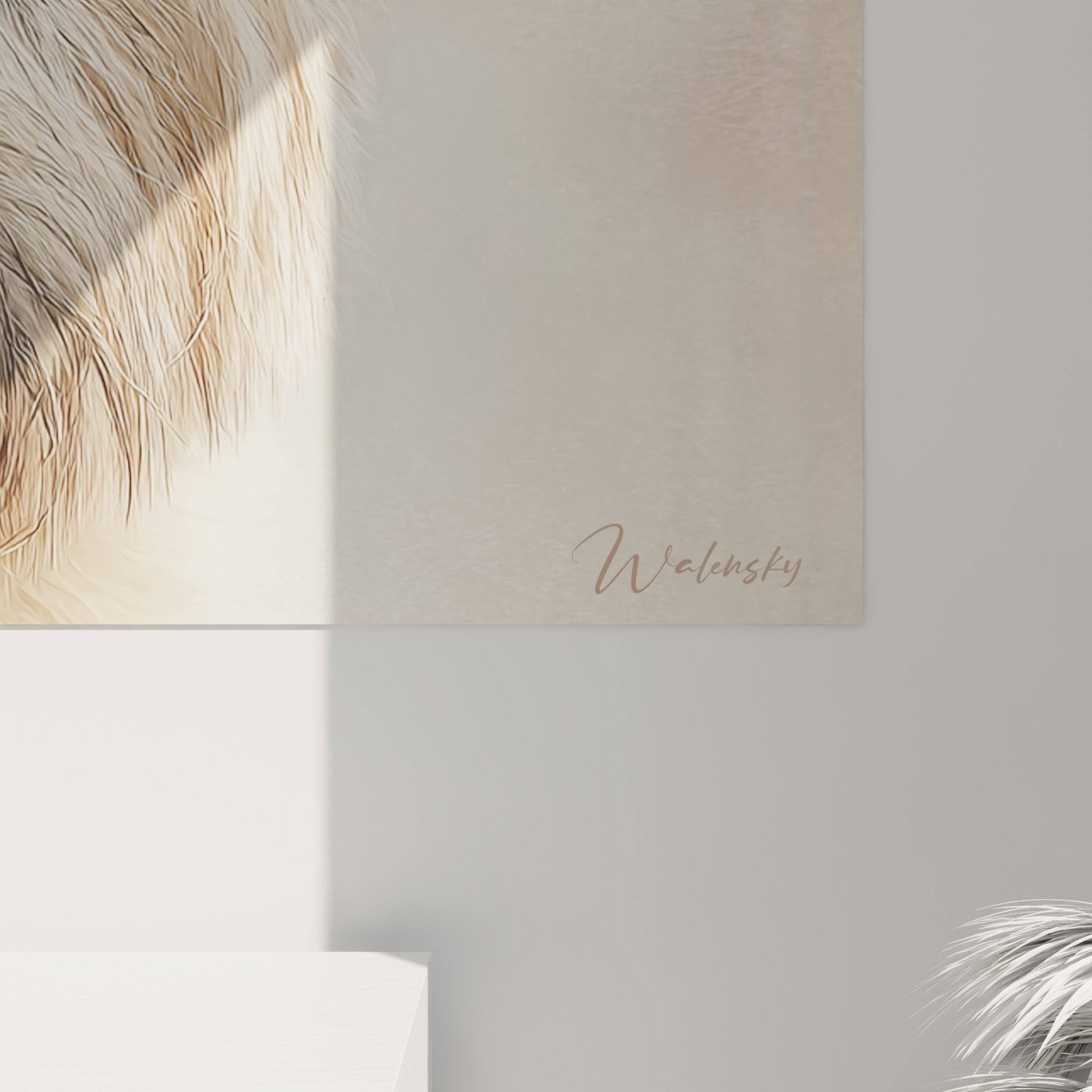 vue ensemble tableau cairn terrier salon decoration murale tons beiges dores ambiance chaleureuse