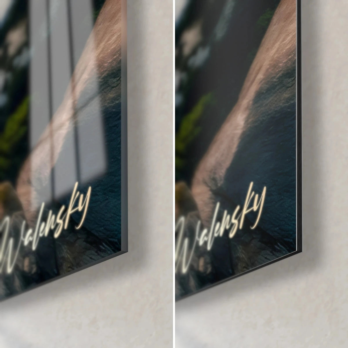 Wall art white limestone cliffs, azure sea and green pines, bottom right corner in glossy glass and matte Dibond, 3 mm edge