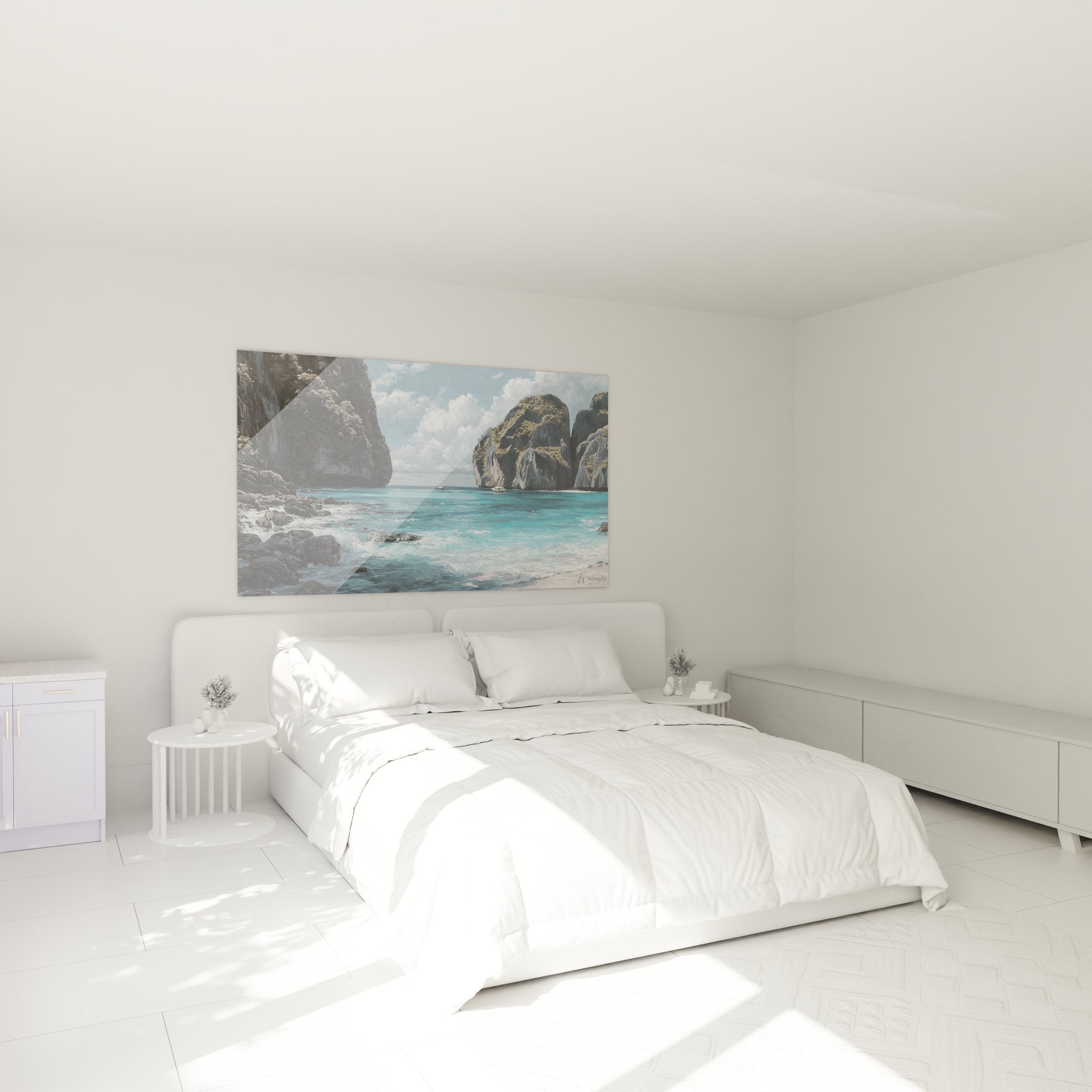 Tableau calanque turquoise dans chambre moderne, décoration murale paysage méditerranéen avec falaises calcaires