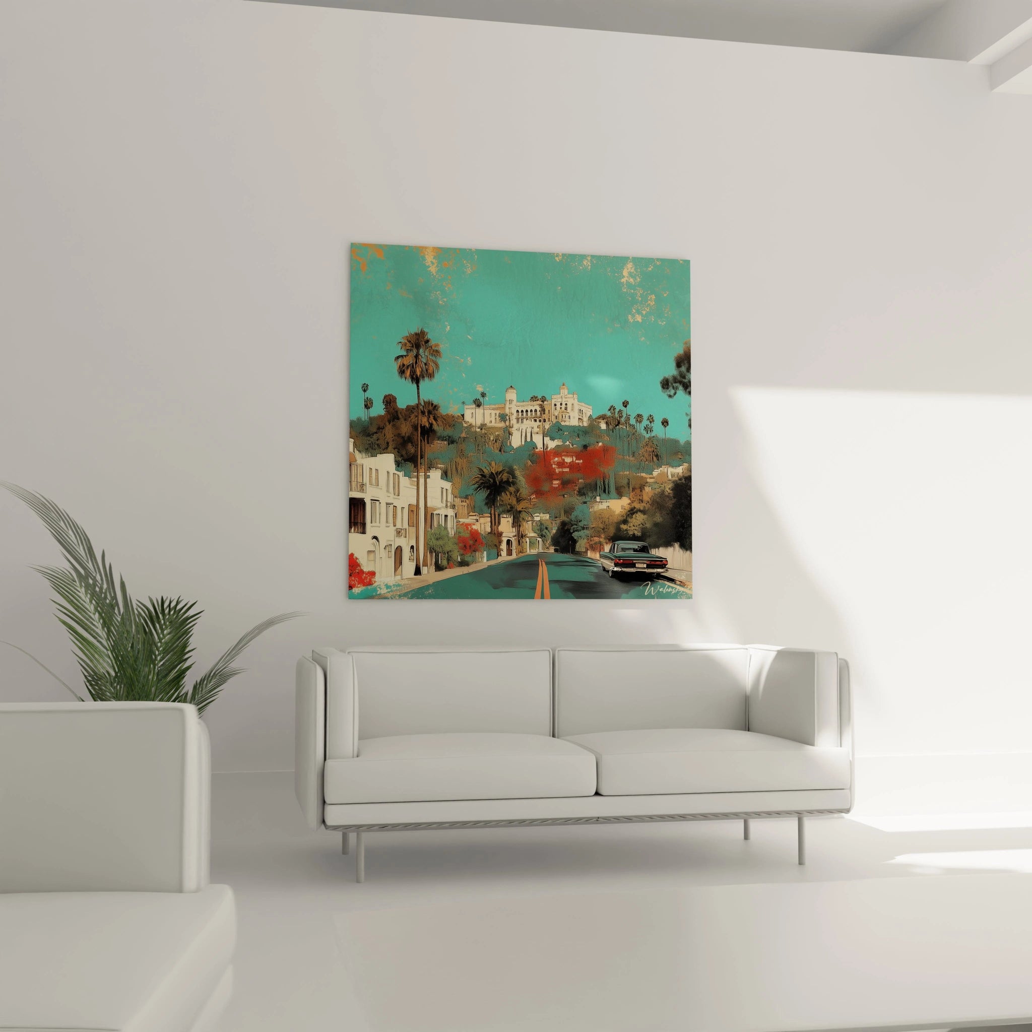 Un tableau paysage de Los Angeles capturant une rue montante bordée de maisons blanches et palmiers, menant à un bâtiment imposant sur les hauteurs, avec un traitement artistique mélangeant turquoise profond, blanc éclatant et touches d'or.